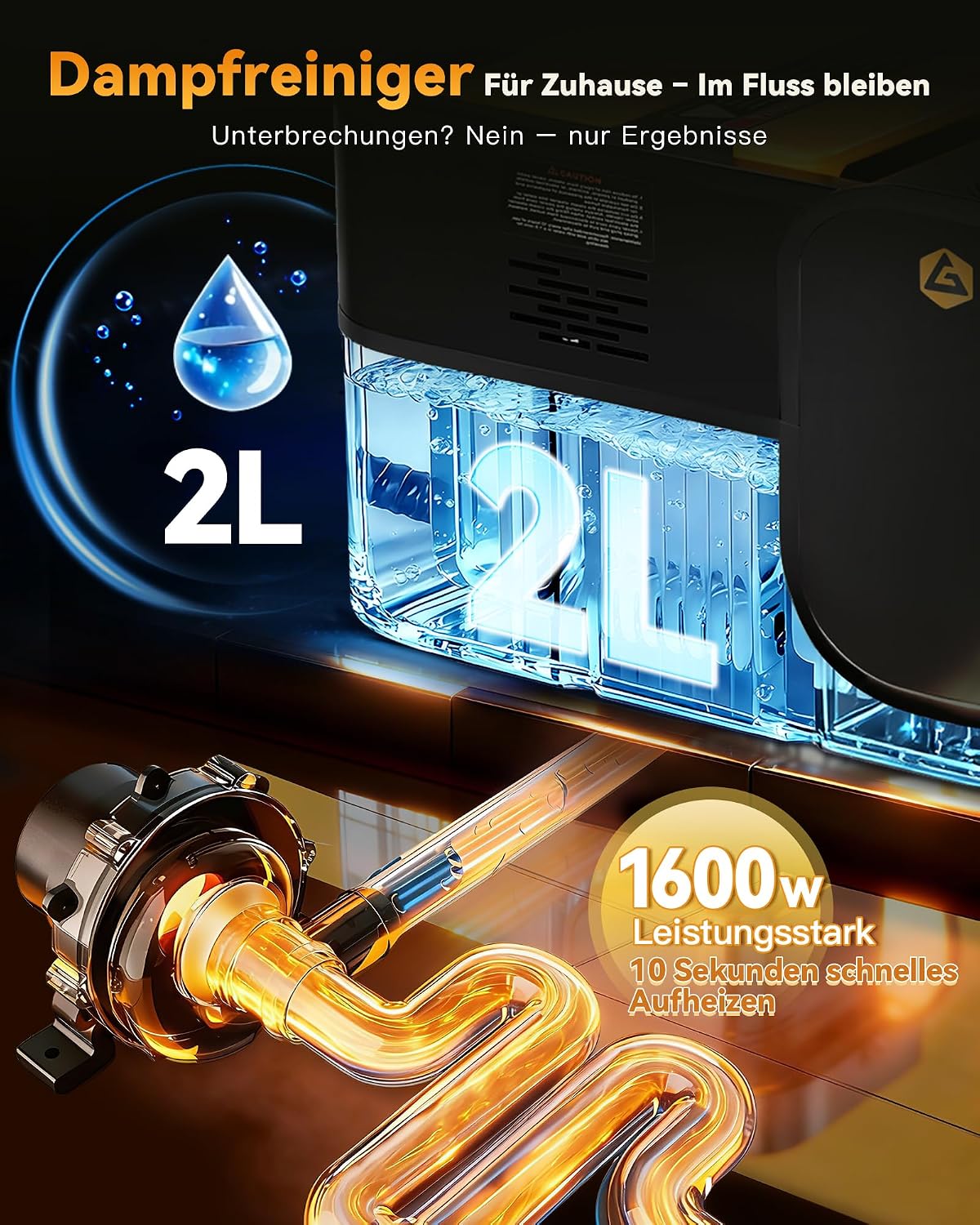 Detalle de Gautye Dampfreiniger 3-stufig verstellbarer Griff – 2 L Wassertank, 18 Zubehörteile, 1600 W