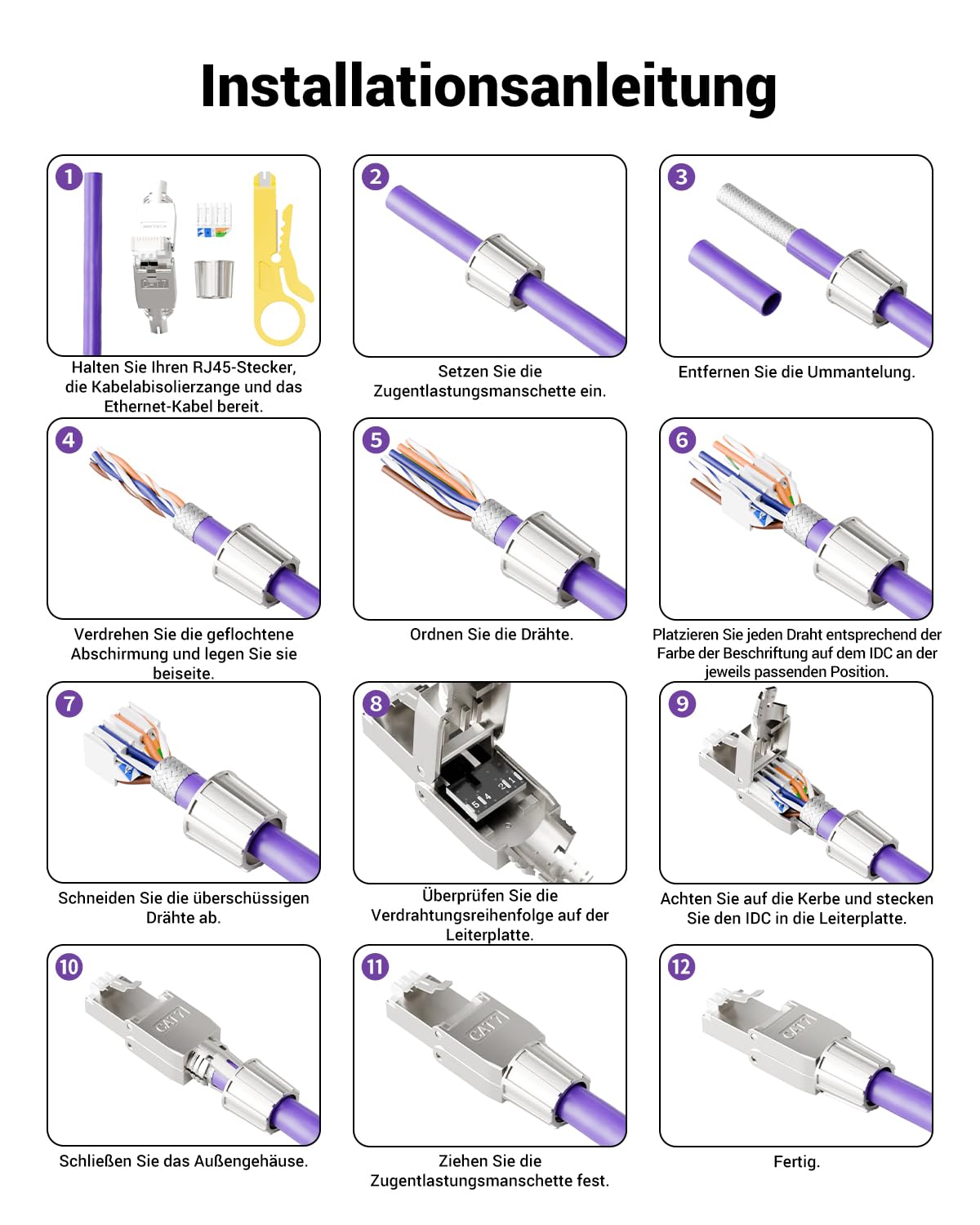 Thumbnail 6 de VCELINK RJ45 Stecker Cat7 werkzeuglos, geschirmt – PoE-kompatibel (4 Stück), 10 Gbit/s / 600 MHz