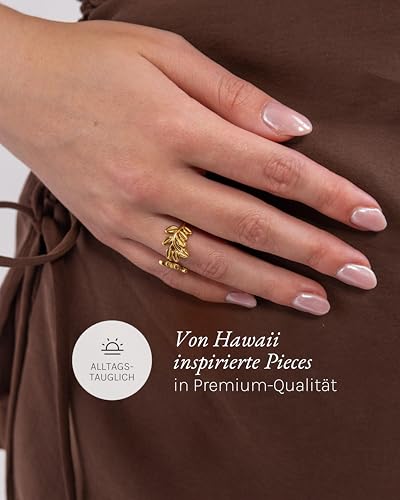 Detalle de Purelei Leaf Ring Damen – Gold, 14K vergoldet, wasserfestes Edelstahl-Design mit Anti-Stress-Funktion