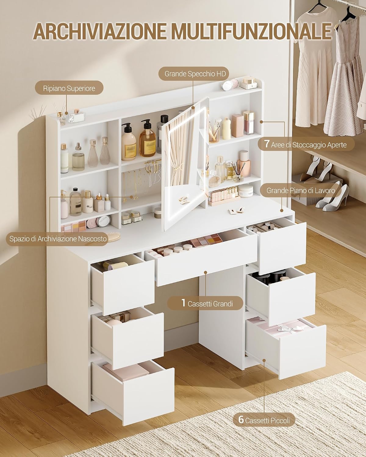 Detalle 2 de Hzuaneri DT43203XEU Postazione trucco 108 cm con luce LED 💄