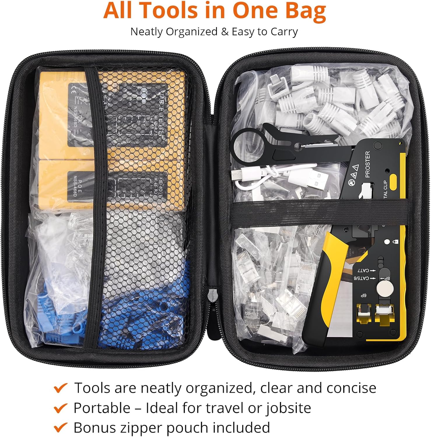 Thumbnail 4 de Proster pinza crimpatrice RJ45 CAT7 con passante e kit completo (20 connettori + tester di rete ricaricabile)