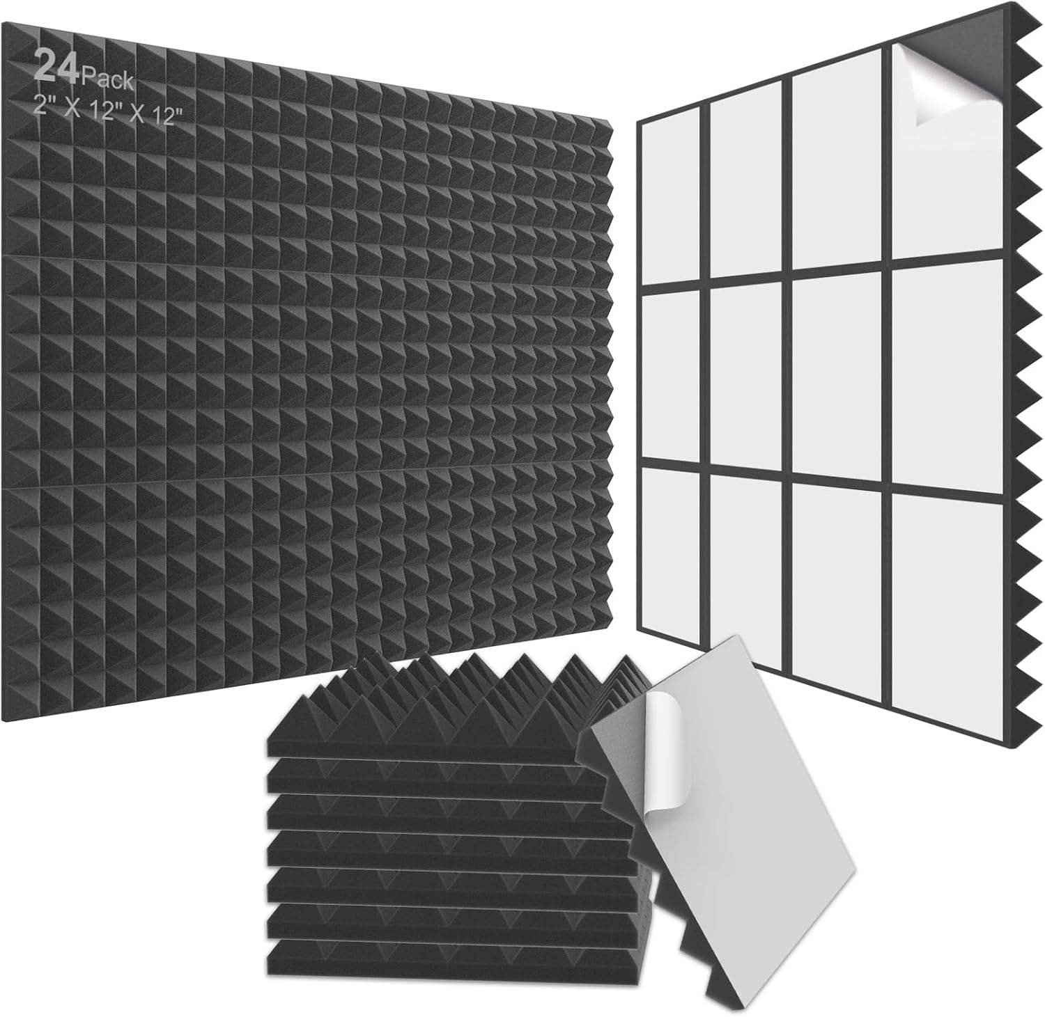 Detalle de JBER JZT-SBLACK-24 Pyramid Acoustic Foam Panels, 2-inch, Self-Adhesive, Black