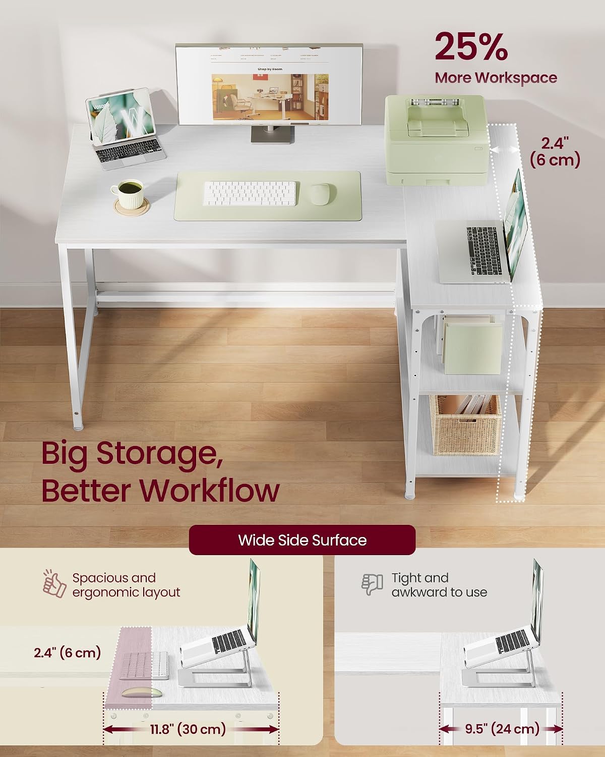 Thumbnail 3 de VASAGLE L Shaped Corner Desk 120x80