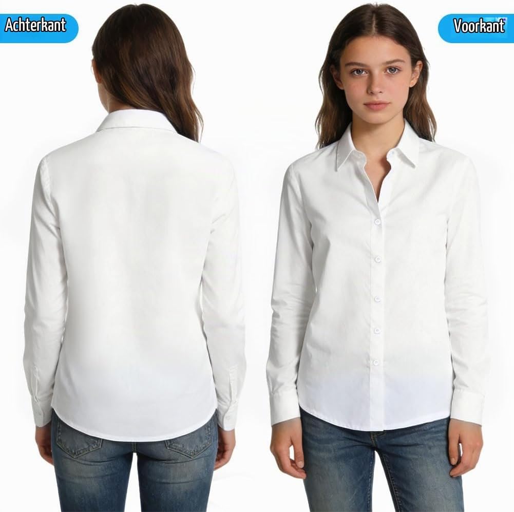 Detalle 1 de BSBUY damesblouse met lange mouwen, wit, stretch en knoopsluiting