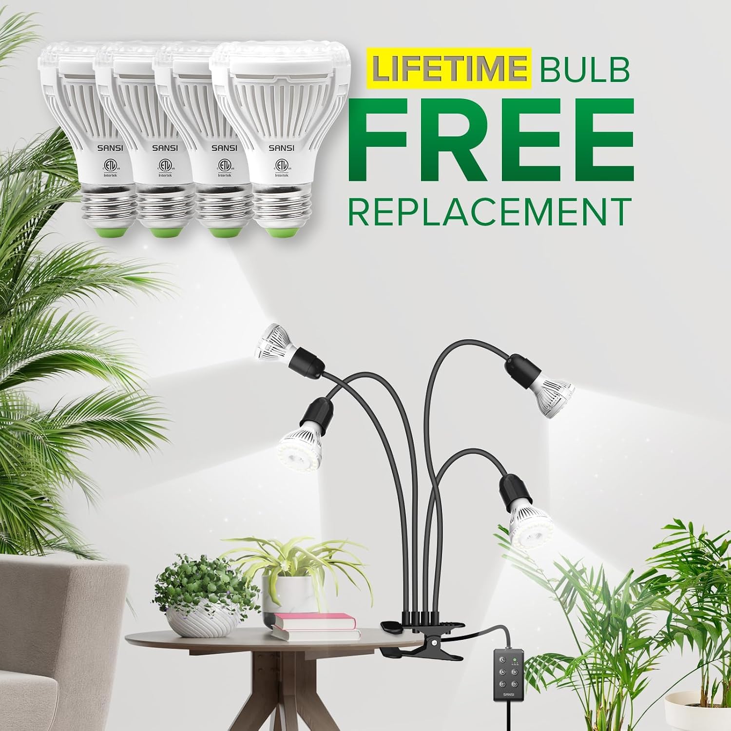 Thumbnail 4 de SANSI 600W LED Grow Lights (4-Head Full Spectrum) – 4000K Sunlike, Clip, Timer 4/8/12H, E27, Lifetime Bulb Replacements
