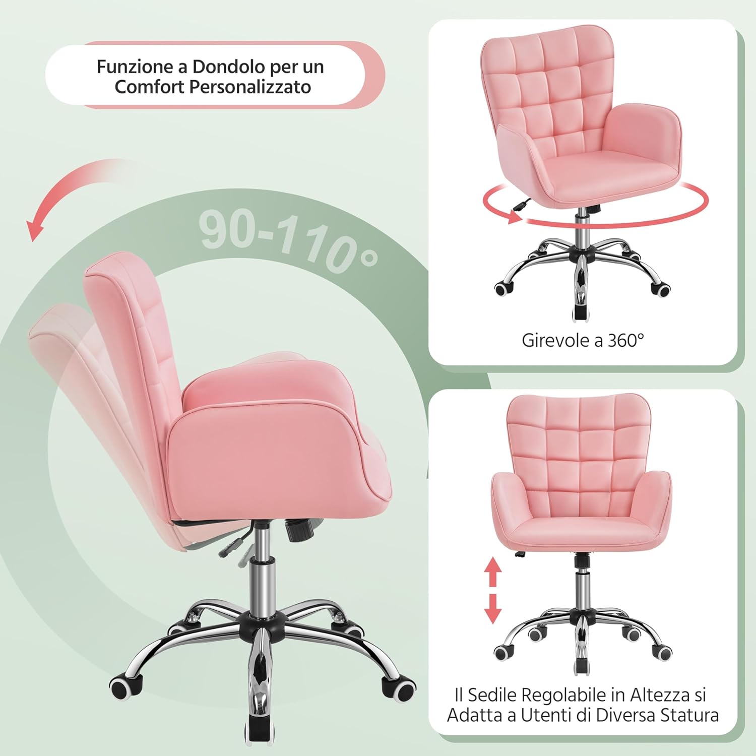 Thumbnail 3 de Yaheetech Sedia Ufficio Ergonomica Rosa 360°