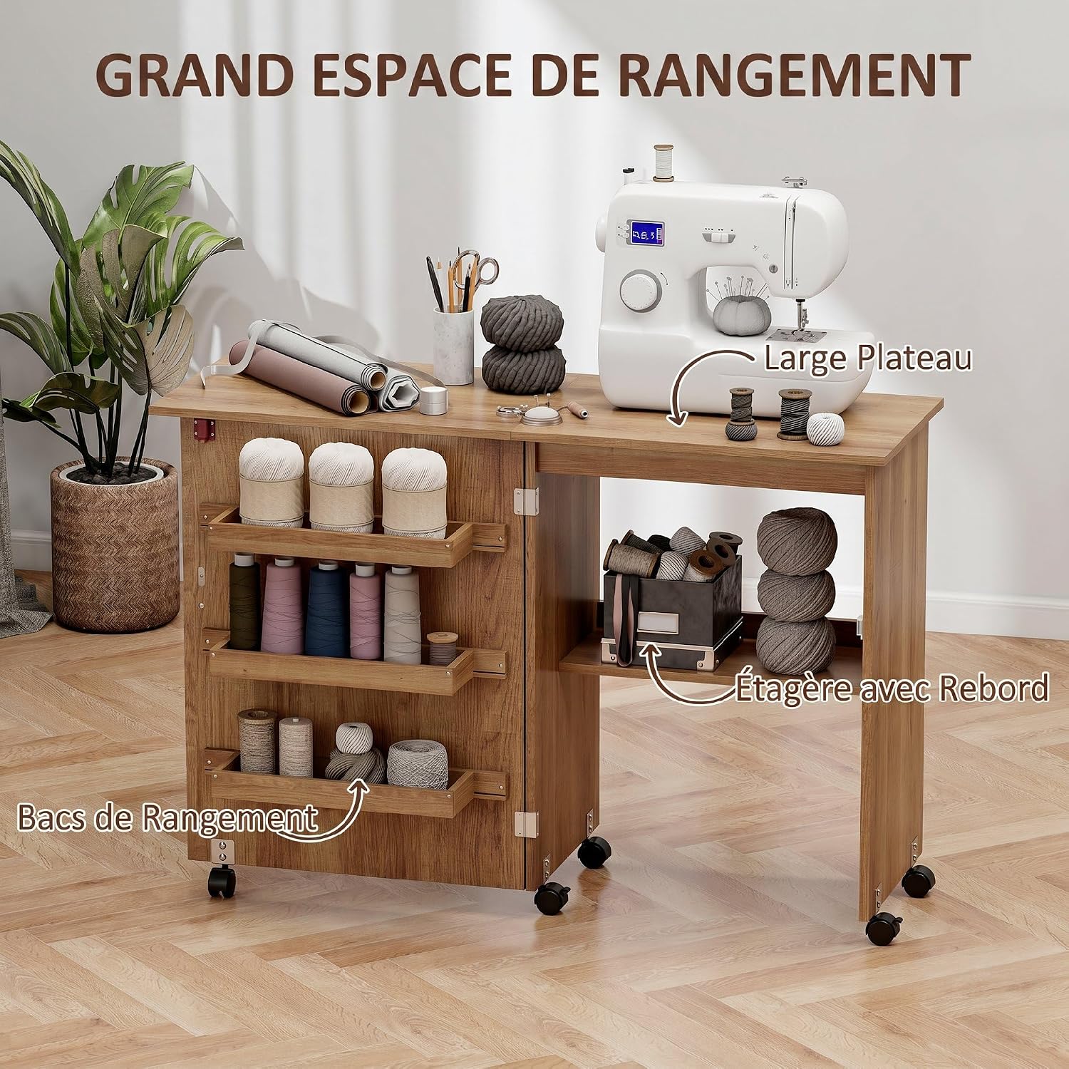 Detalle 2 de HOMCOM L10-002V80BN opvouwbare naaitafel met opklapbaar blad en opbergruimte