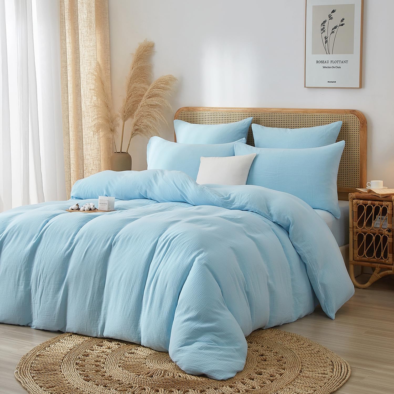 Thumbnail 2 de Luofanfei Housse de Couette en Gaze de Coton 240 x 220 cm – Bleuet Clair, Ensemble 2 Personnes + 2 Taies 65 x 65 cm