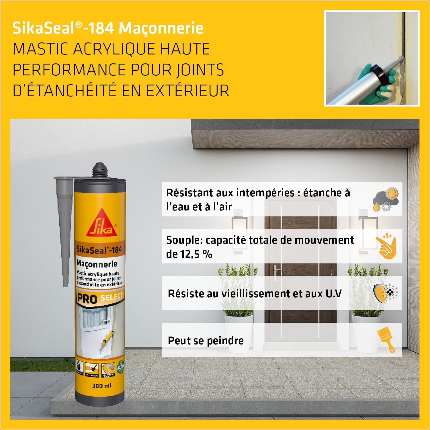 Thumbnail 3 de SikaSeal-184 Maçonnerie gris béton – Mastic acrylique haute performance, joints et calfeutrement (300 ml)
