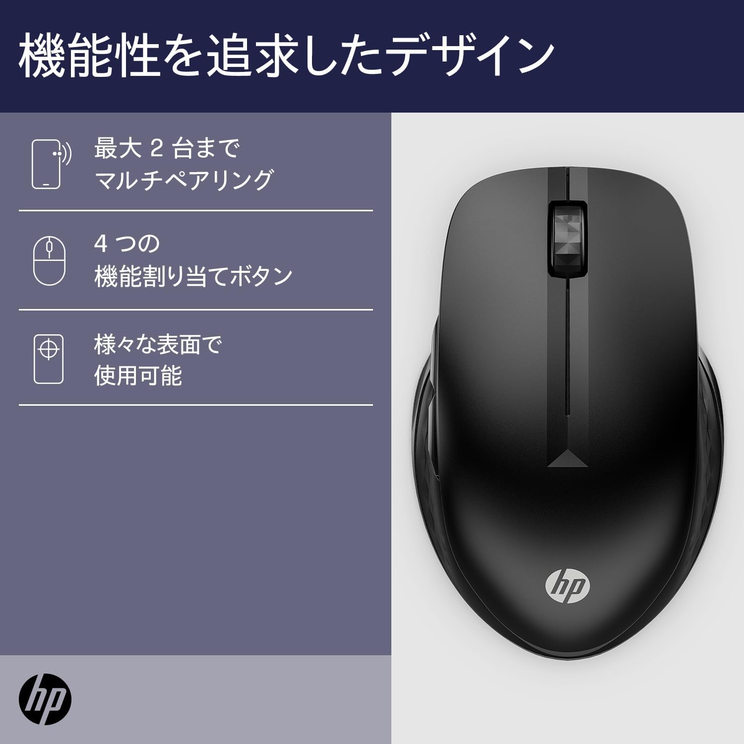 Detalle de HP 430(3B4Q2AA#UUF)ワイヤレスマウス、1600dpi・5ボタン・Bluetooth/USB-A対応