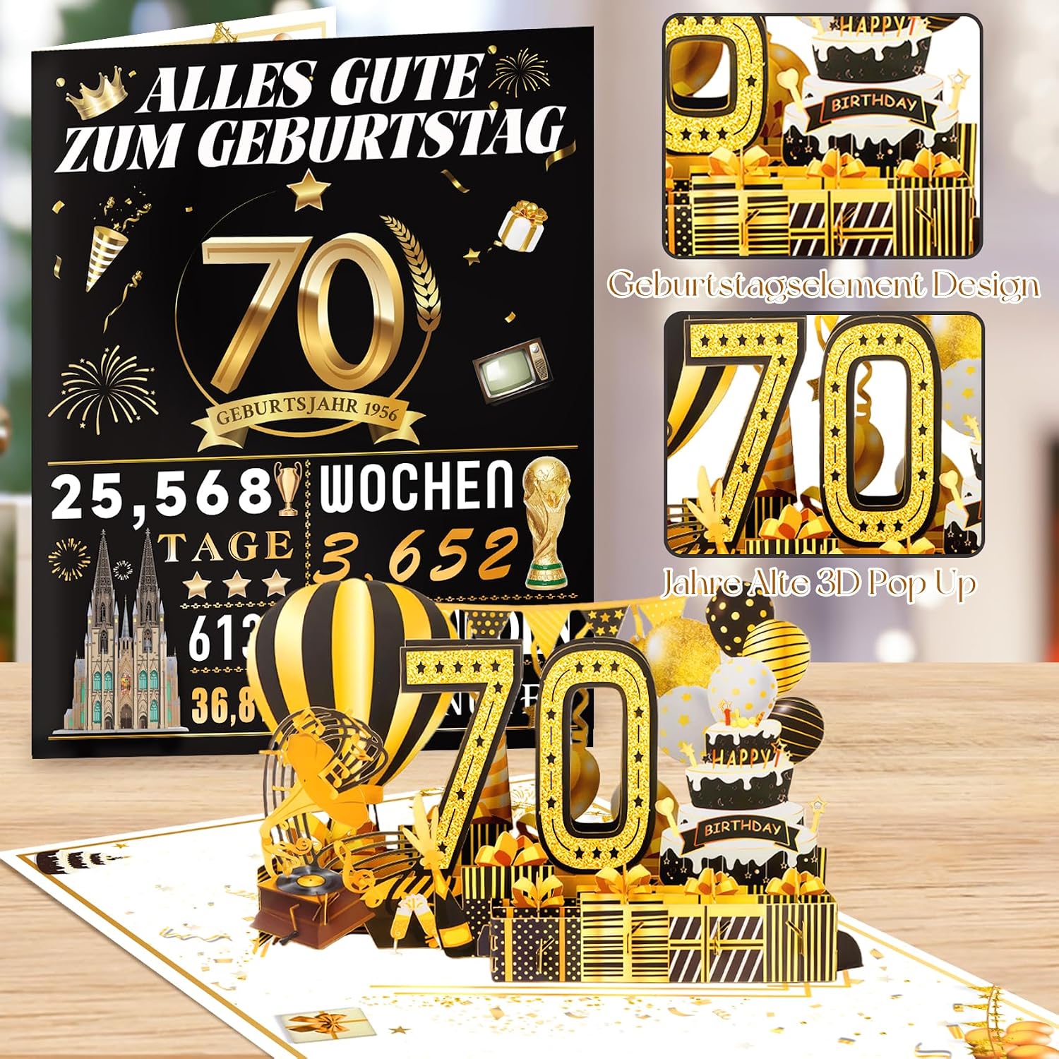 Detalle de OLOSONG Geburtstagskarte 70 – 3D Pop-up Klappkarte mit Umschlag, goldener Deko „70“