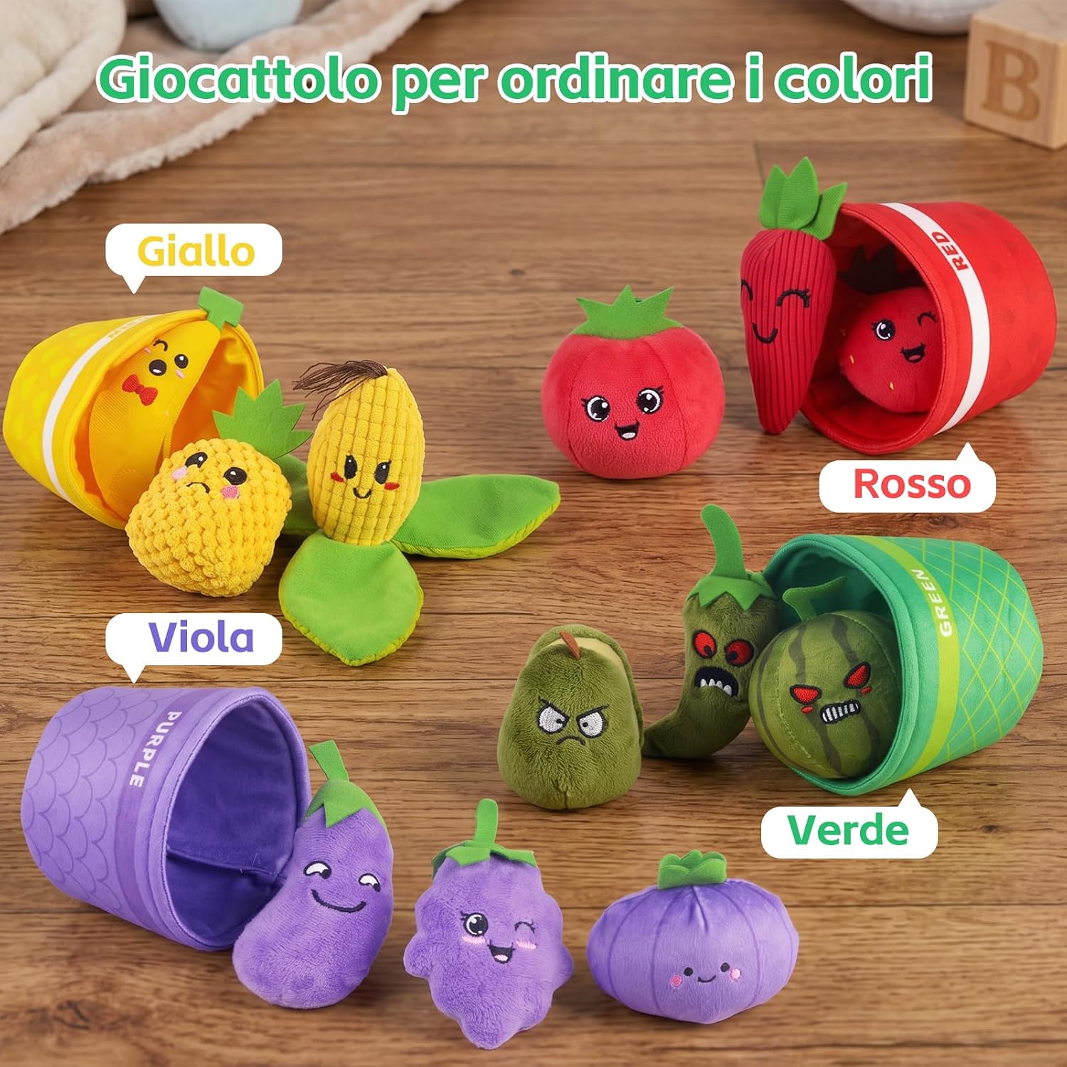 Detalle de Tokiyis Giochi Montessori 6-12 Mesi – 16 PCS Frutta Verdura Peluche con Sonaglio e Cestino