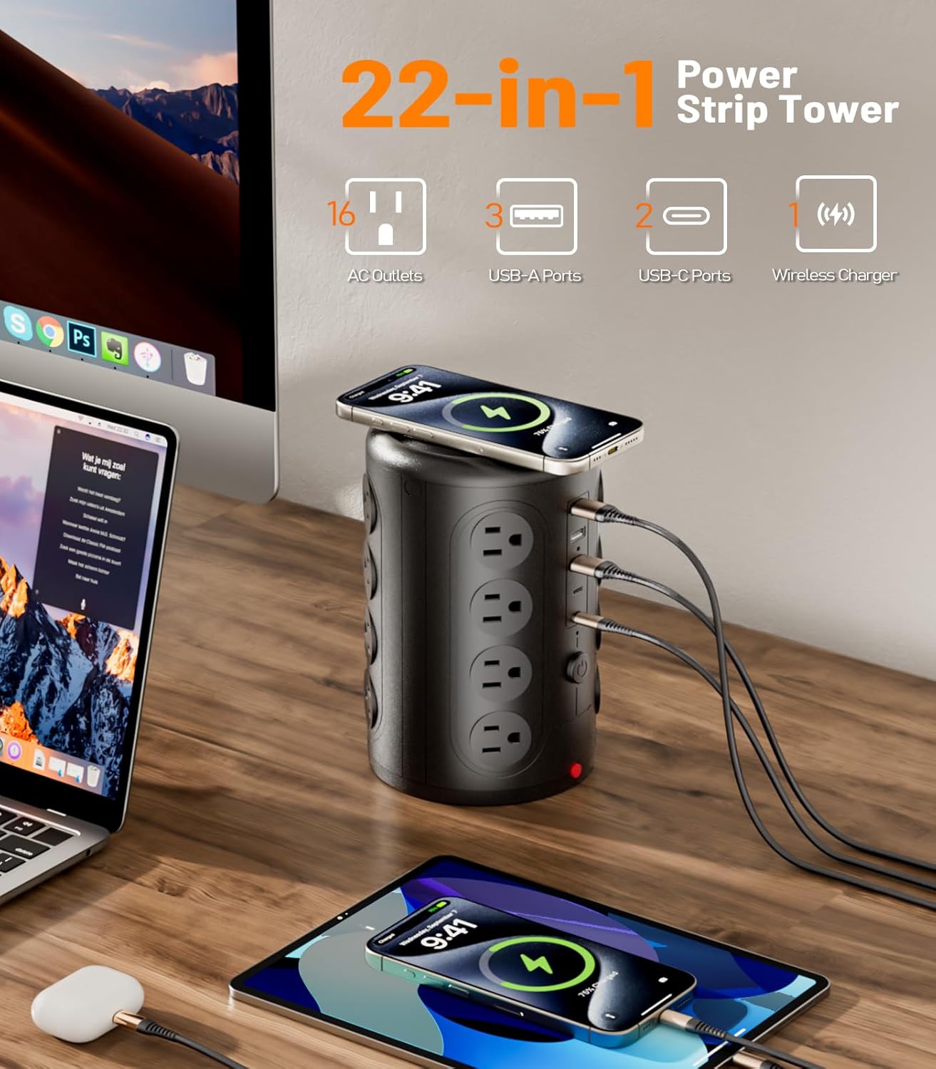 Thumbnail 1 de TenTrend Power Strip Tower Surge Protector with 16 Outlets and 5 USB Ports (2 USB-C)