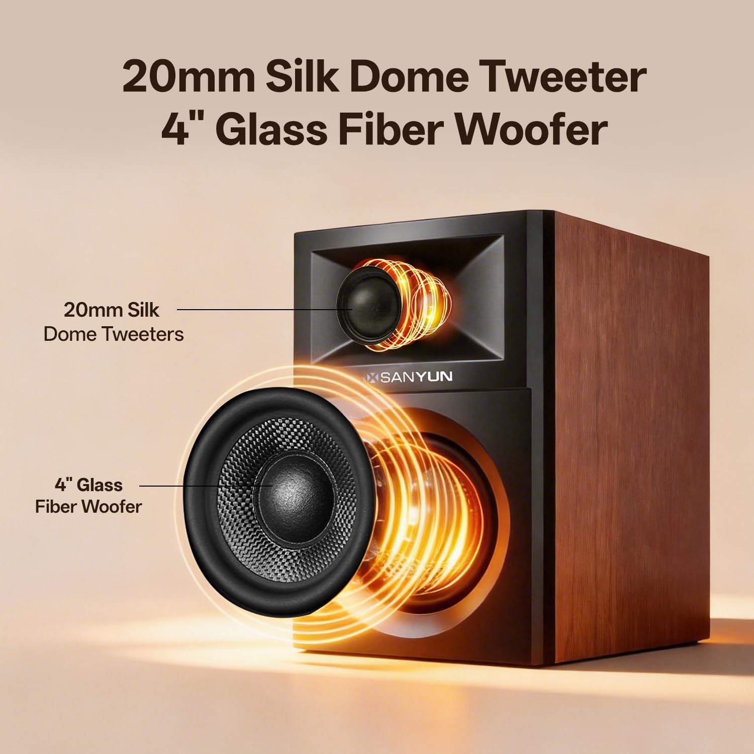 Detalle 2 de Sanyun SW205 4" Bookshelf Speakers with Virtual Surround, Dual-Core DAC/DSP & Bluetooth 5.4 (Red)
