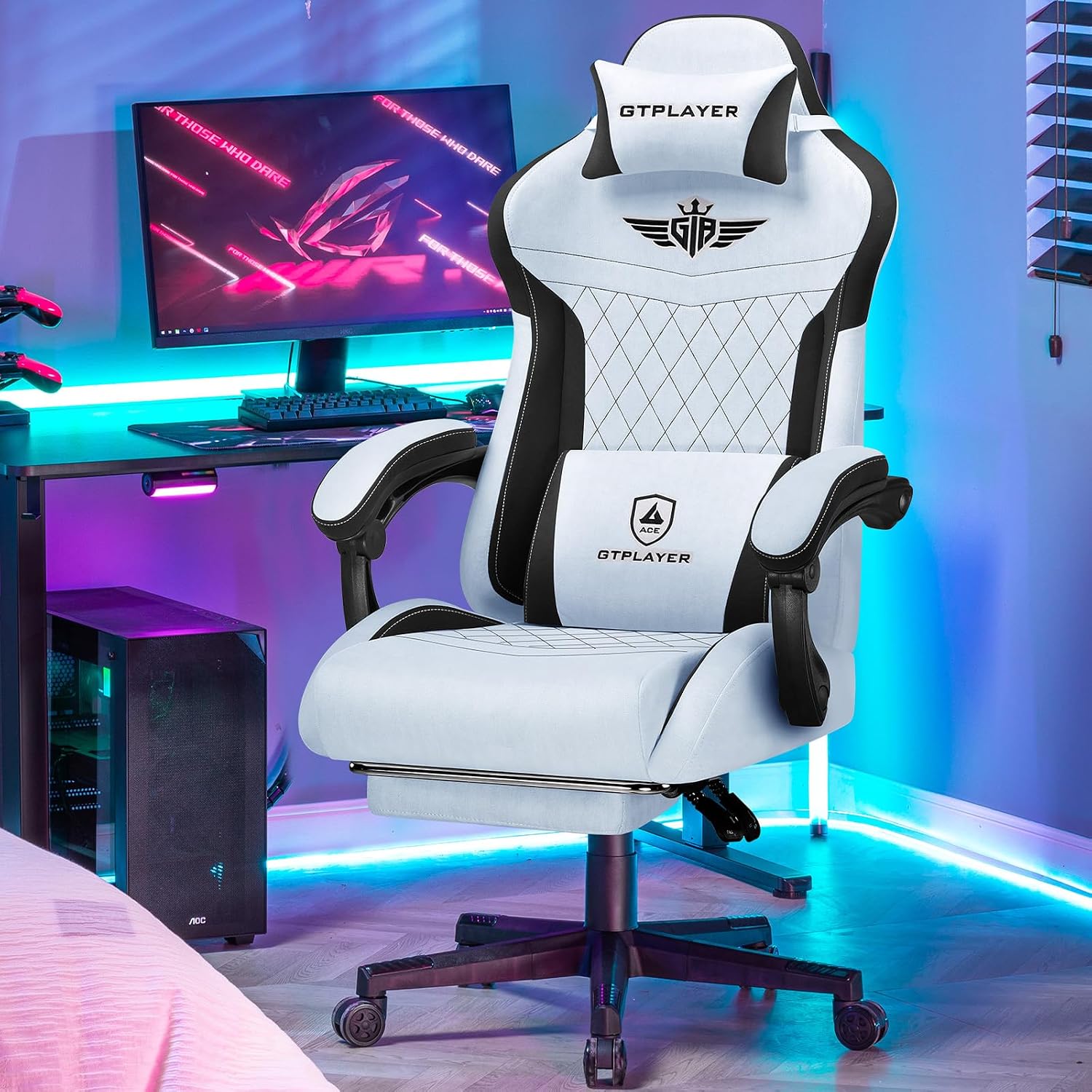 Thumbnail 1 de GTPLAYER Sedia da gaming ergonomica in velluto azzurro con supporto lombare, schienale 150° e poggiapiedi
