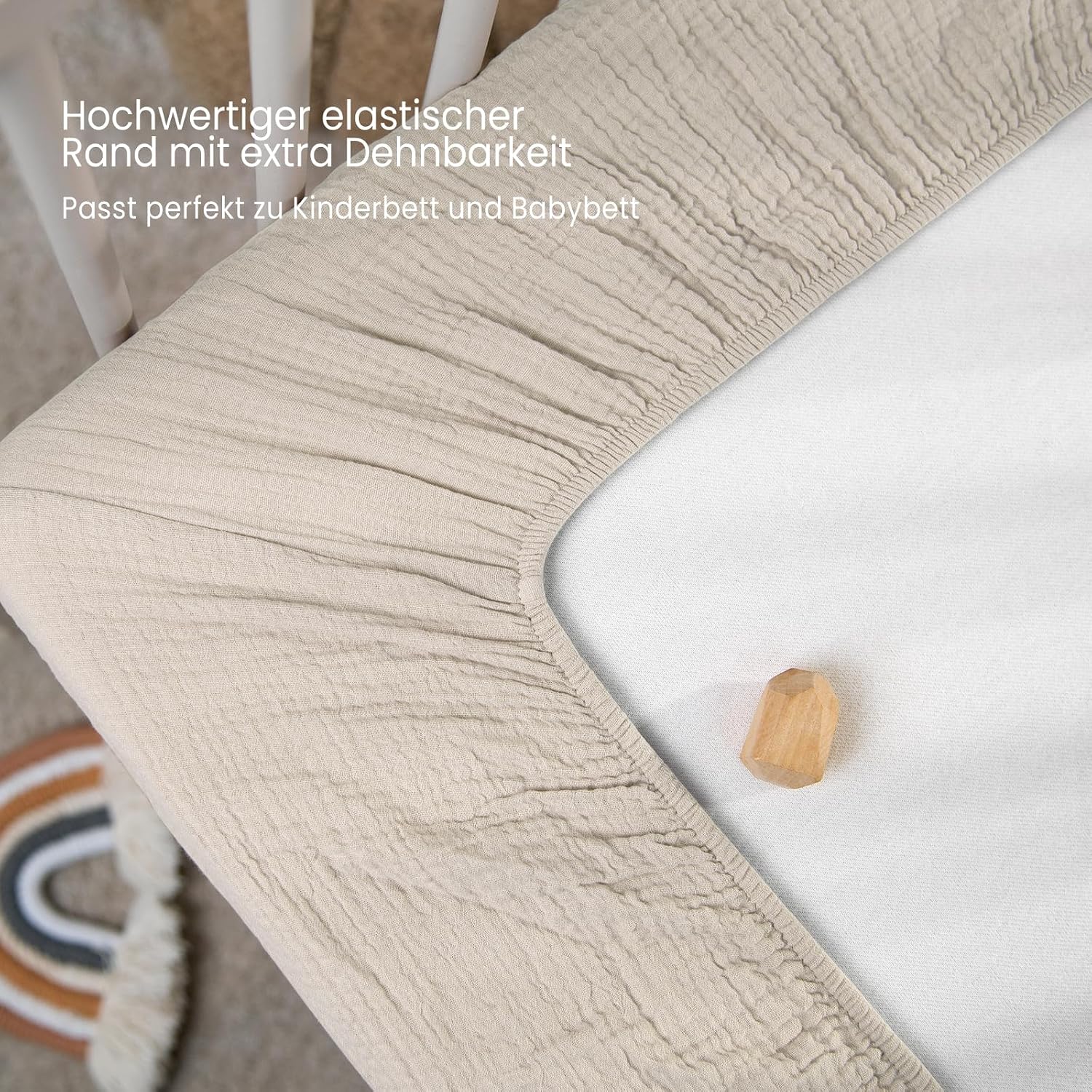 Detalle de lulumoon 2er Pack Musselin-Spannbettlaken für Babybett & Reisebett (60x120/70x140 cm) – Gänseblümchen Weiß