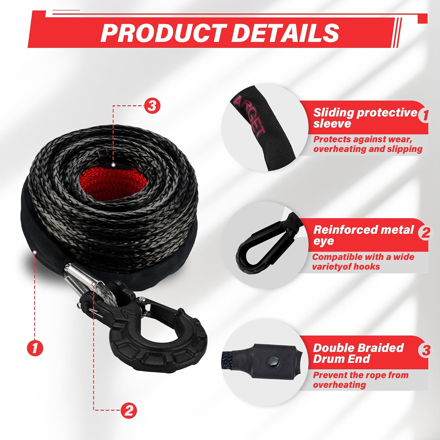 Thumbnail 3 de TYT Synthetic Winch Rope Kit - 3/8" x 92' (27000 lbs) with Protective Sleeve, Heavy Duty Hook & Safety Pull Strap