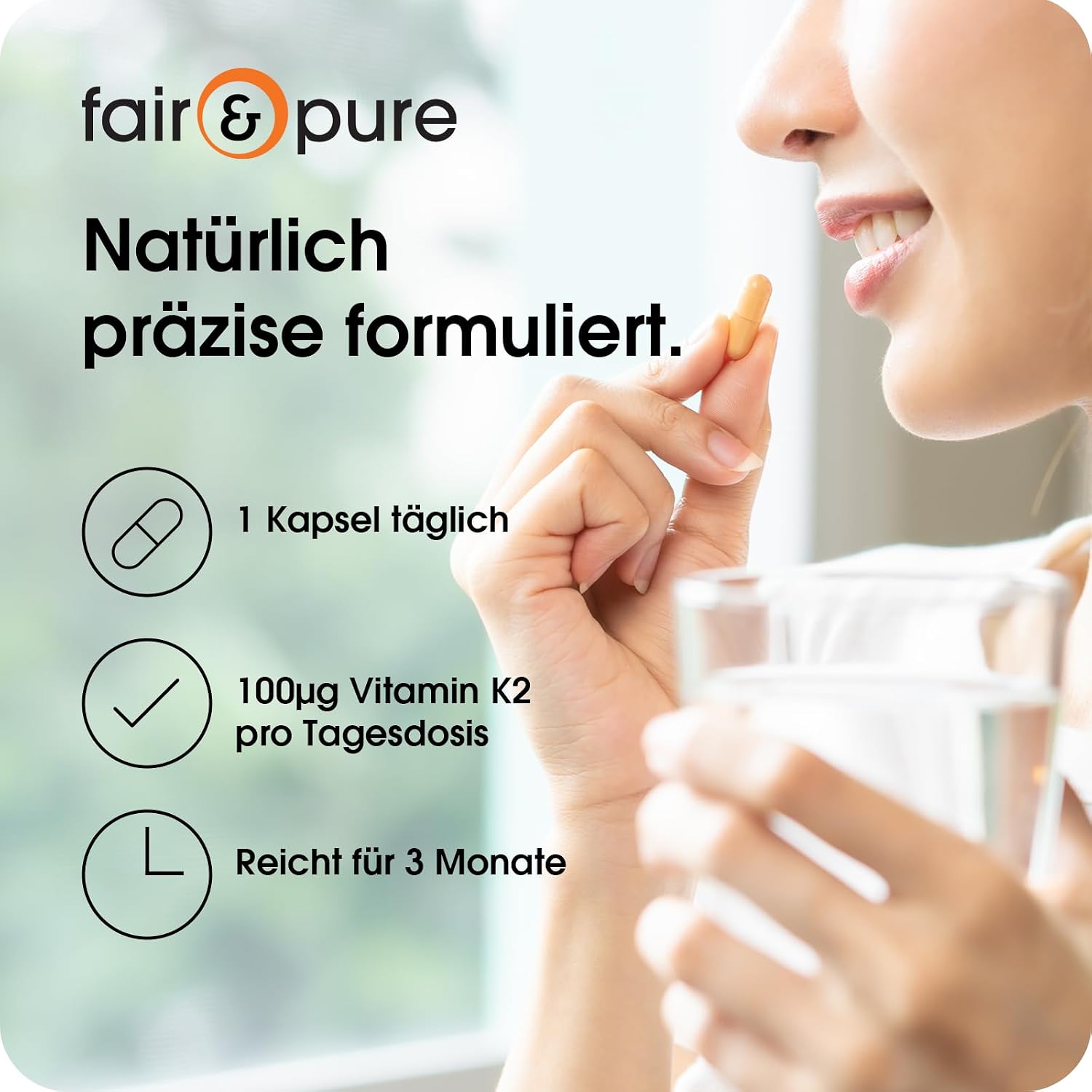 Detalle de Fair & Pure Vitamin K2 100 µg – vegane MK-7 Nahrungsergänzung, 90 Kapseln, hergestellt in Deutschland