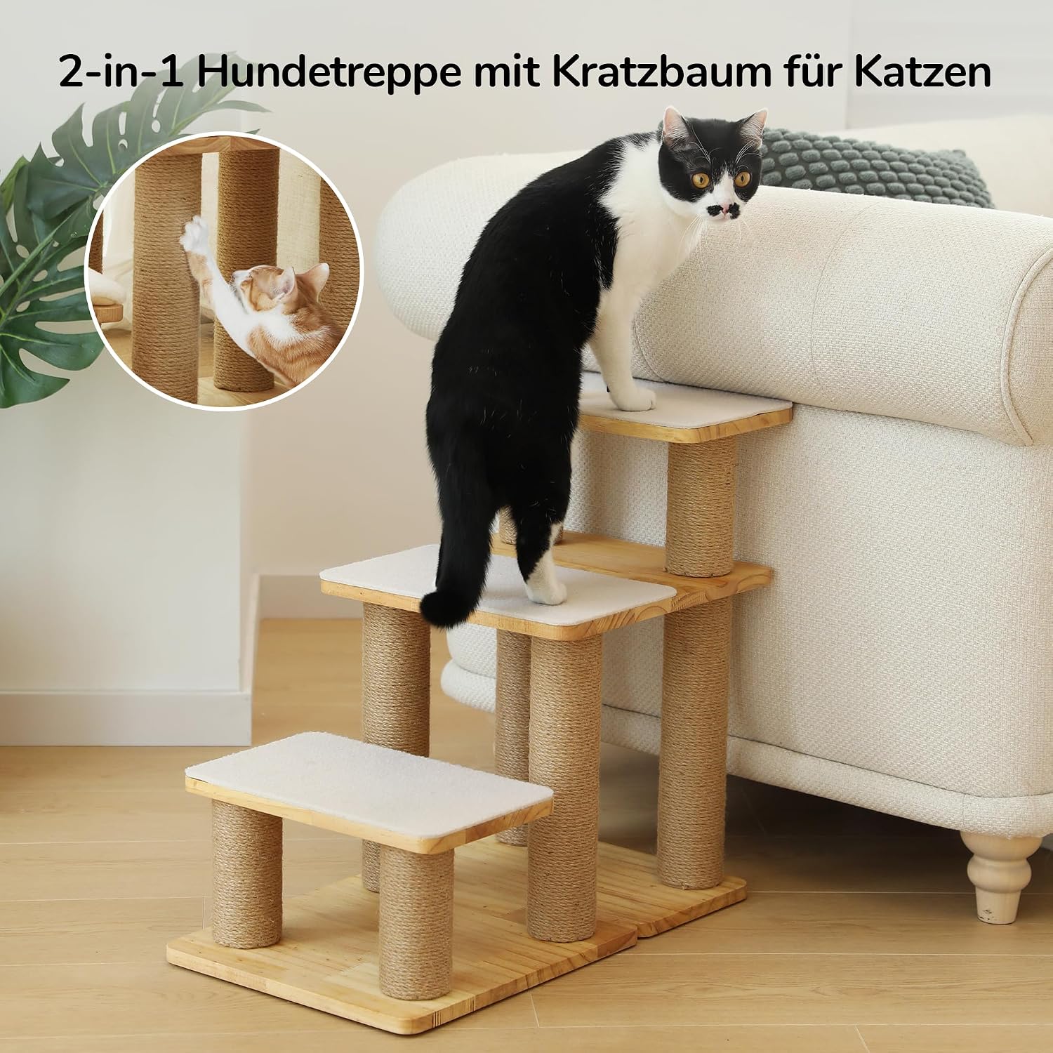 Detalle de FUKUMARU Hundetreppe 3 Stufen – Kiefernholz, Jute, bis 90 kg, 18–51 cm höhenverstellbar