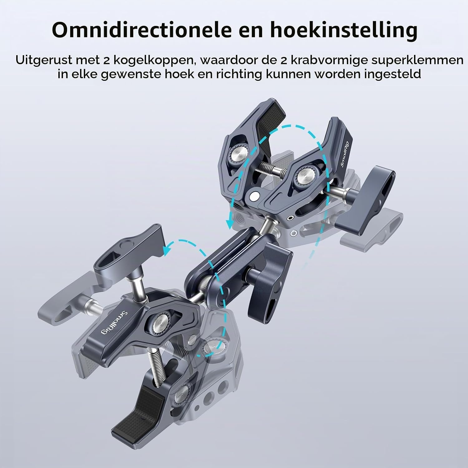 Detalle de SMALLRIG 4103B dubbele superklem met 360°-kogelkoppen en verstelbare klemmen
