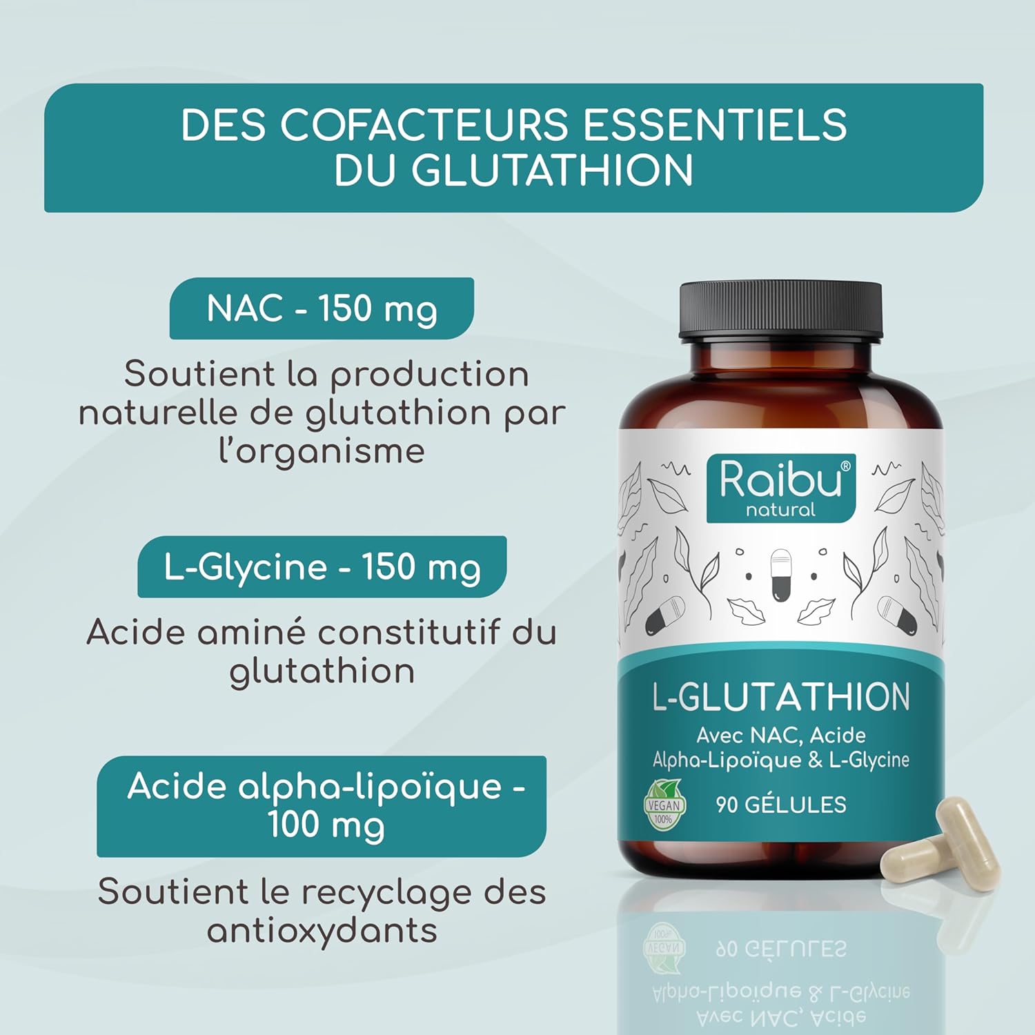 Thumbnail 2 de RAIBU Glutathion réduit à 98% (L-glutathion) + précurseurs NAC, acide alpha-lipoïque et L-glycine — 500 mg, 90 gélules