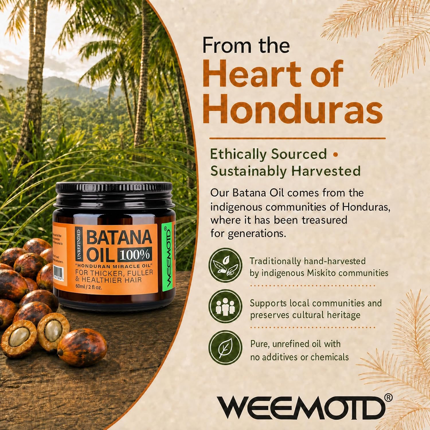 Detalle 1 de WEEMOTD 100% Raw Batana Oil for Hair, 2 Fl Oz, Bright Coffee