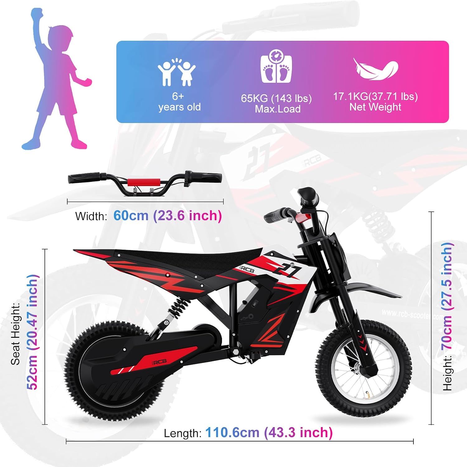 Thumbnail 5 de RCB R9X Electric Motorcycle Kids (12 inch) – 3 Speed Modes, 5.2Ah Battery, 10.5 Miles Range