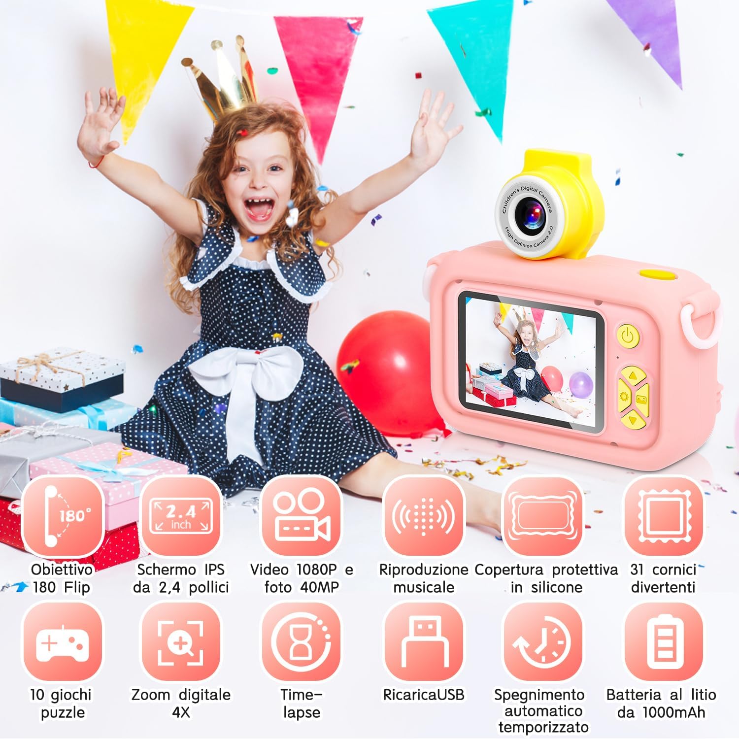 Detalle 2 de ARNSSIEN Macchina Fotografica per Bambini 2,4" con schermo IPS, obiettivo 180° e 14 altoparlanti