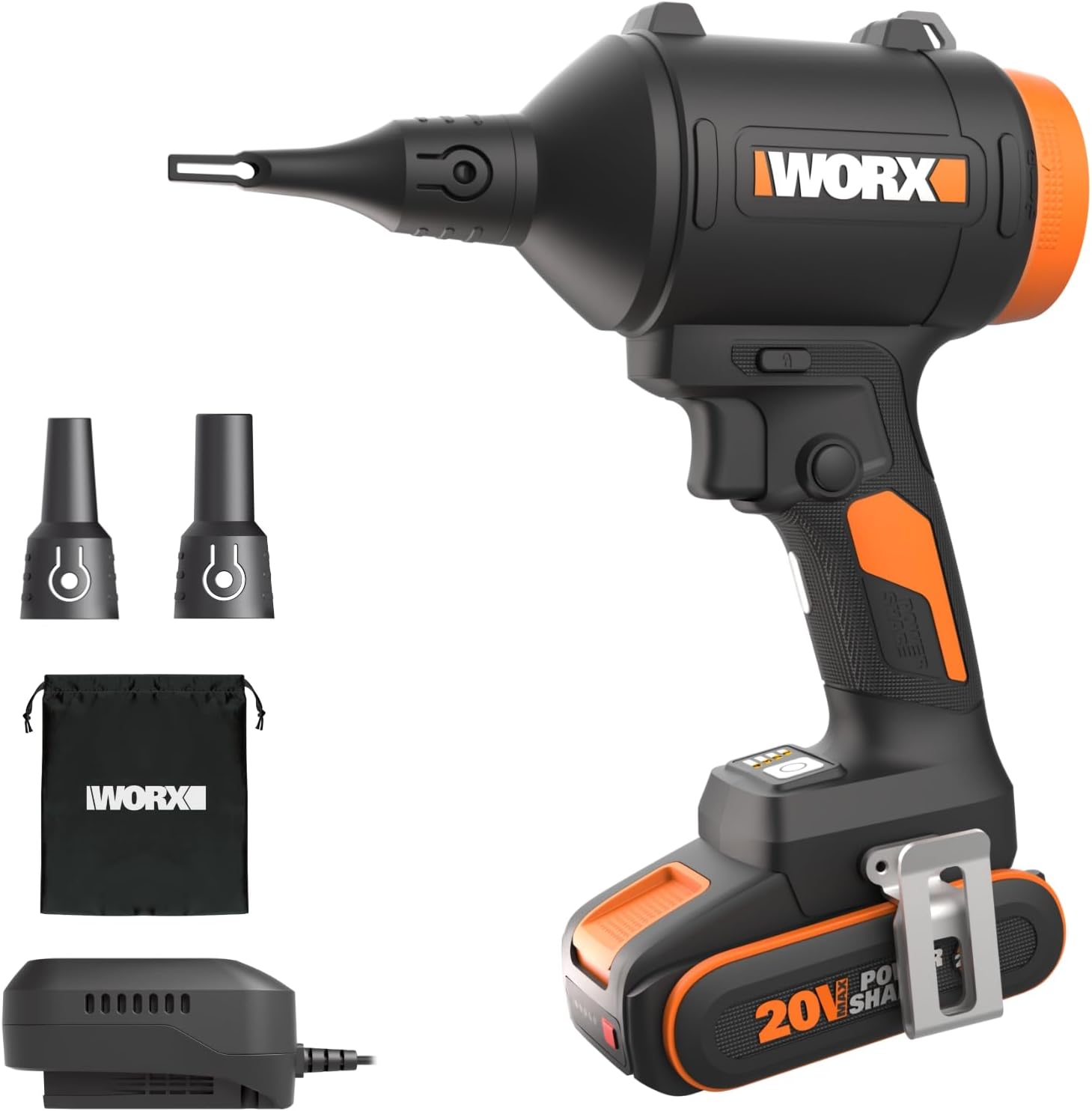 WORX 20V Akku-Staubläser mit bürstenlosem Motor – Luftgebläse, Aufblasgerät & 4 Geschwindigkeiten