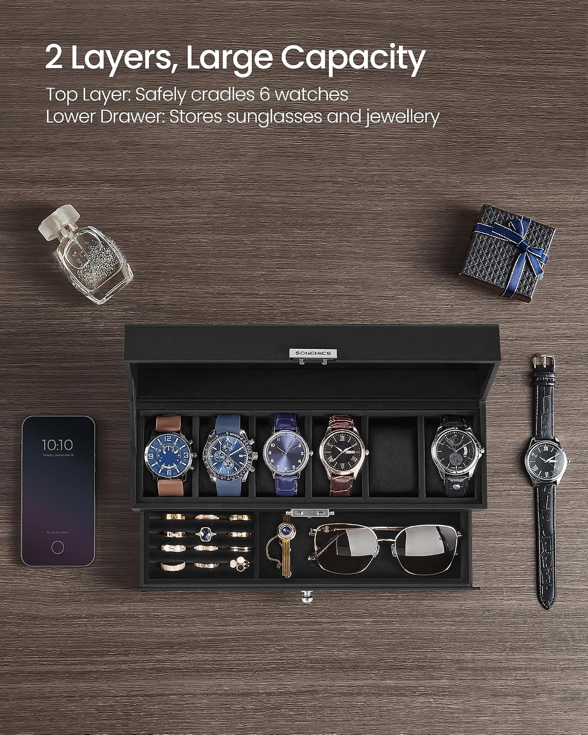 Detalle de SONGMICS JWB060B02 watch box for 6 watches