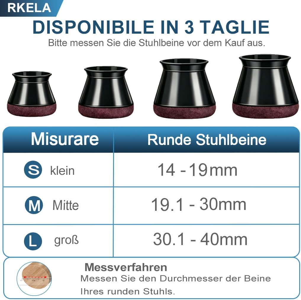 Detalle de Stuhlbeinkappen Schwarz – Filzgleiter rund, Ø 19,1–30 mm, 16 Stück