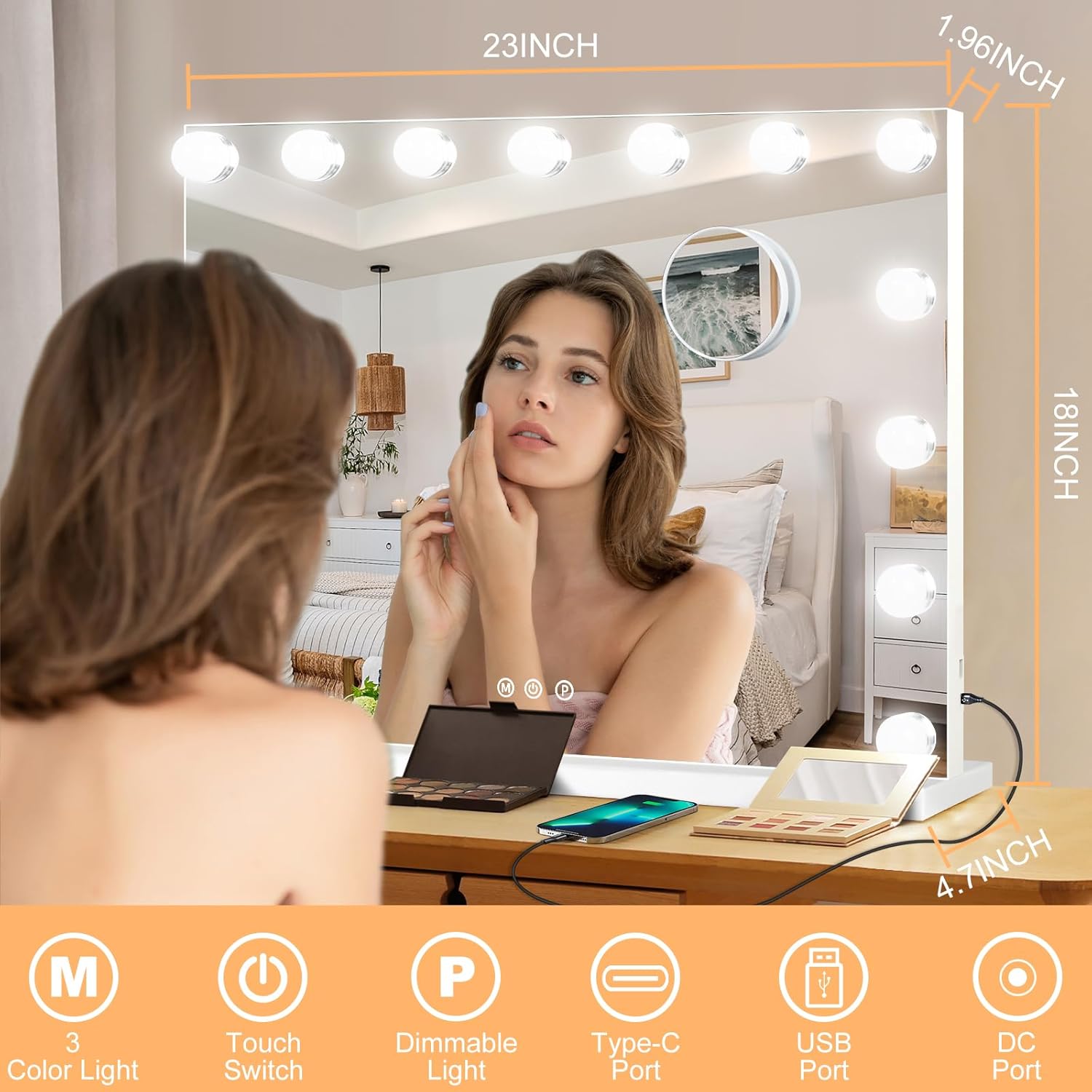 Thumbnail 1 de Moonee Vanity Mirror with Lights (15 Dimmable Bulbs, 10X Magnification, 3 Color Modes, USB Port) — Hollywood Lighted Makeup Mirror