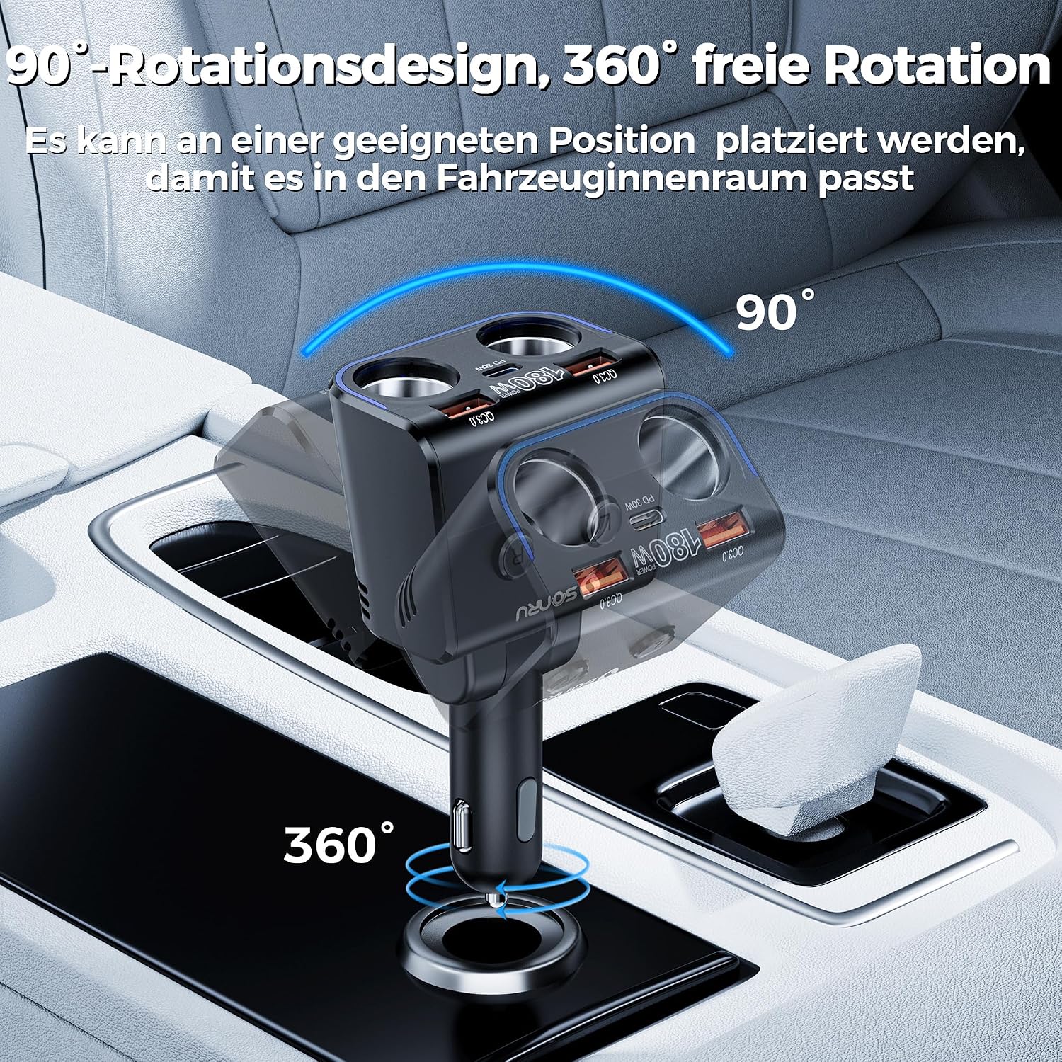 Thumbnail 3 de SONRU180W Zigarettenanzünder Verteiler 5 in 1 – 24/12 V Auto Ladegerät mit zwei USB-C Schnellladeanschlüssen