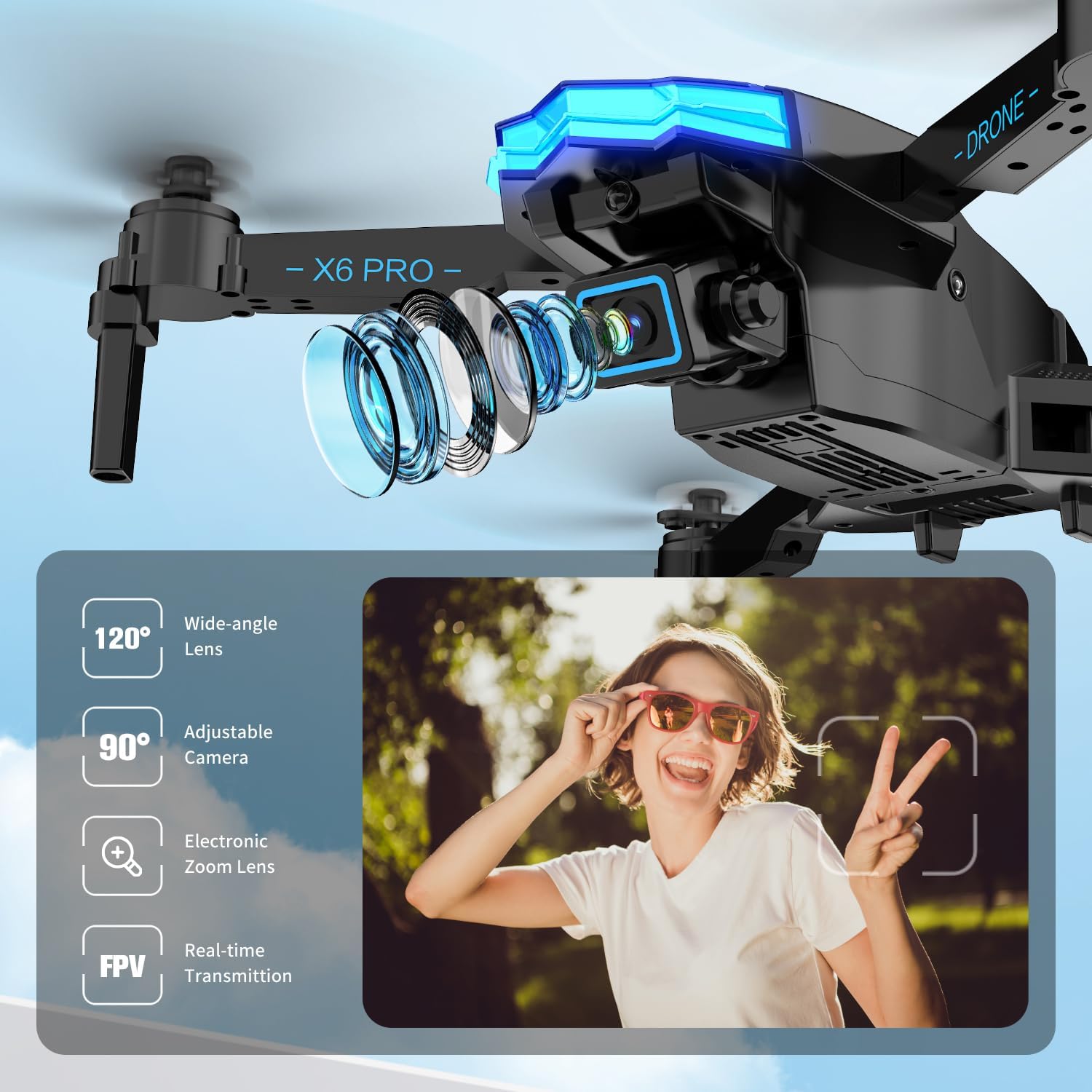 Detalle de kononioo Drone con Telecamera HD 1080P, motori brushless e funzione 3D per bambini e ragazzi (Grey)