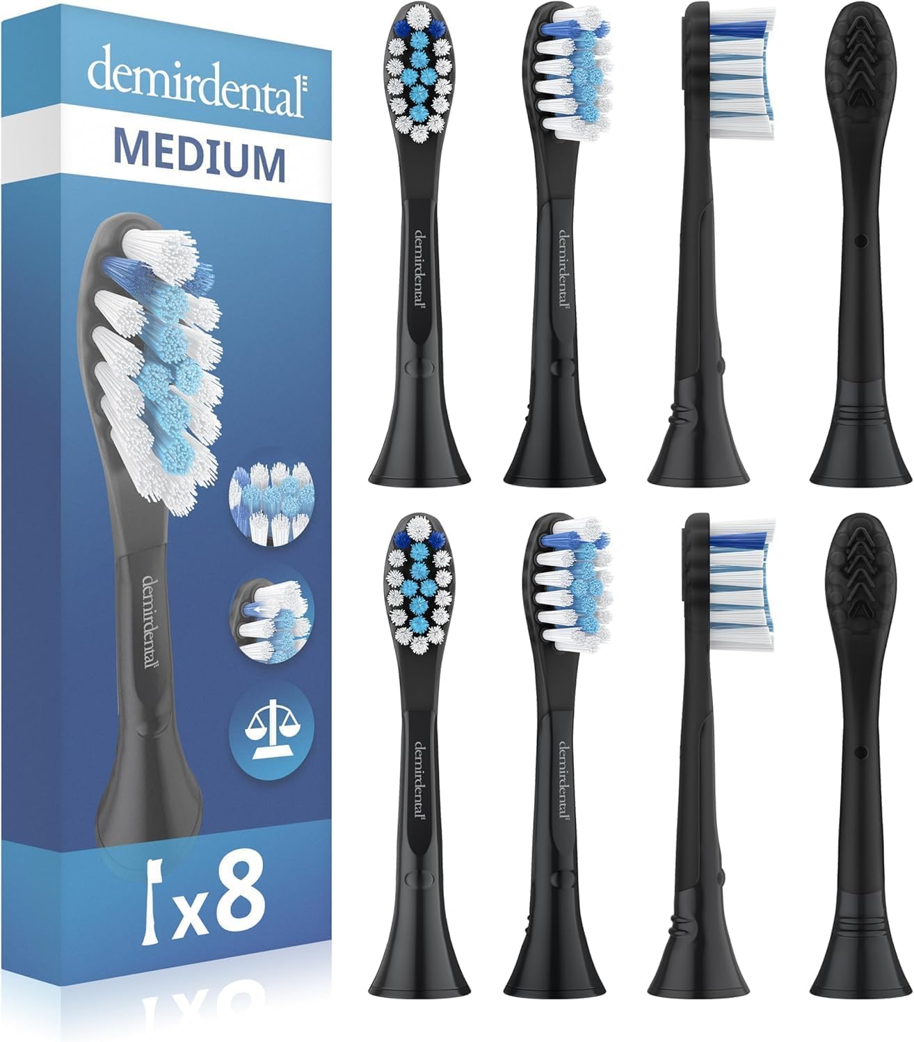 8 brossettes Demirdental compatibles Philips Sonicare (HX9048) – noir, Medium, Premium Plaque Defence