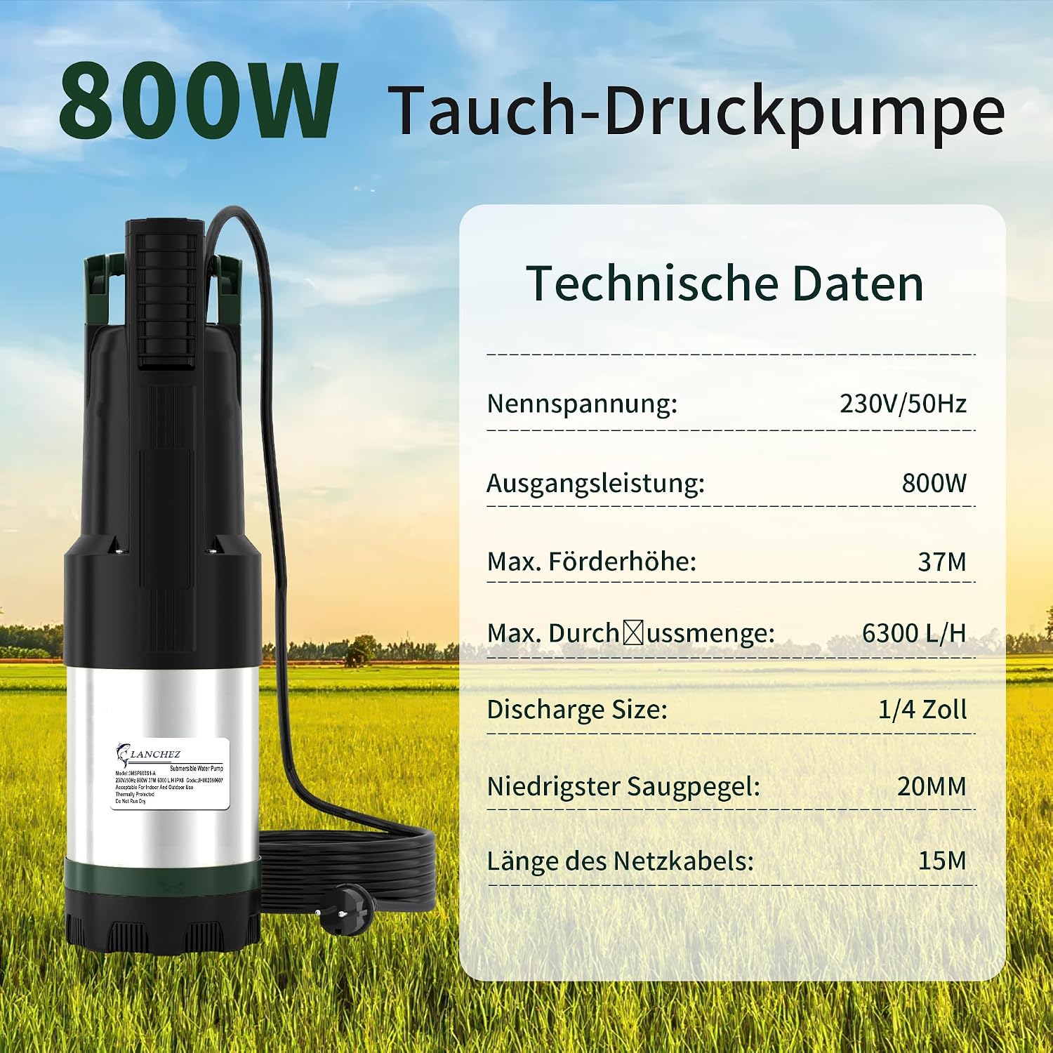 Detalle 2 de LANCHEZ Tauch-Druckpumpe 3 inox – 800 W, 6.300 l/h, 37 m Förderhöhe, IPX8, inklusive Seilset