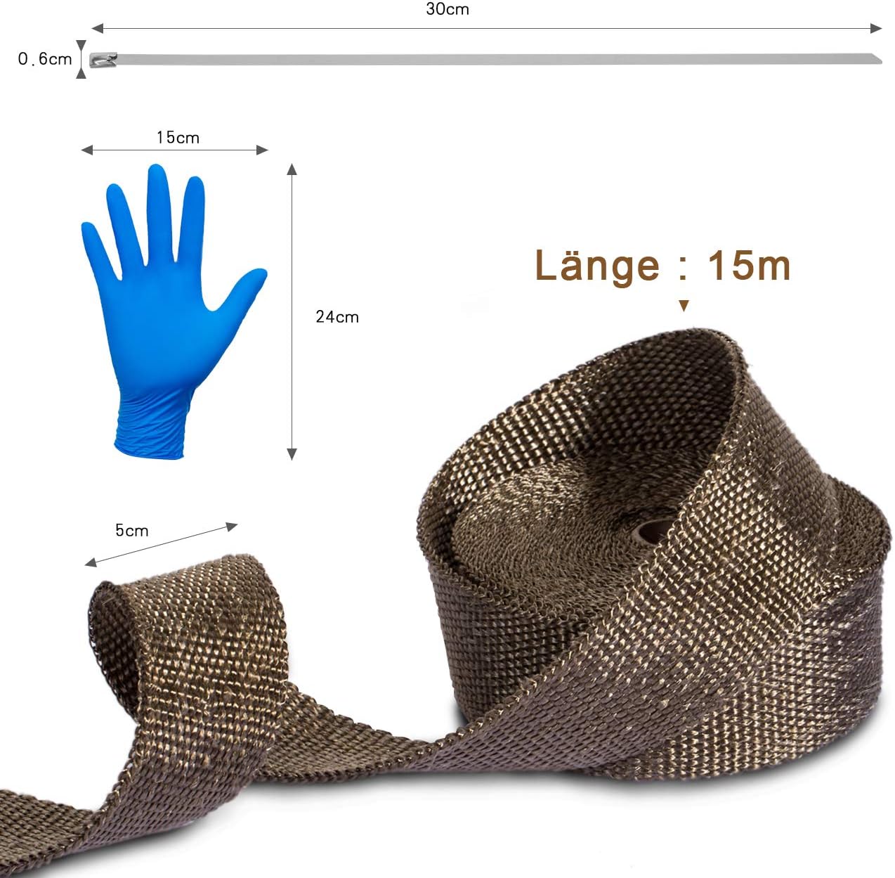 Thumbnail 1 de LIHAO Hitzeschutzband aus Basaltfaser (15 m) für Fächerkrümmer – mit Kabelbindern und Handschuhen