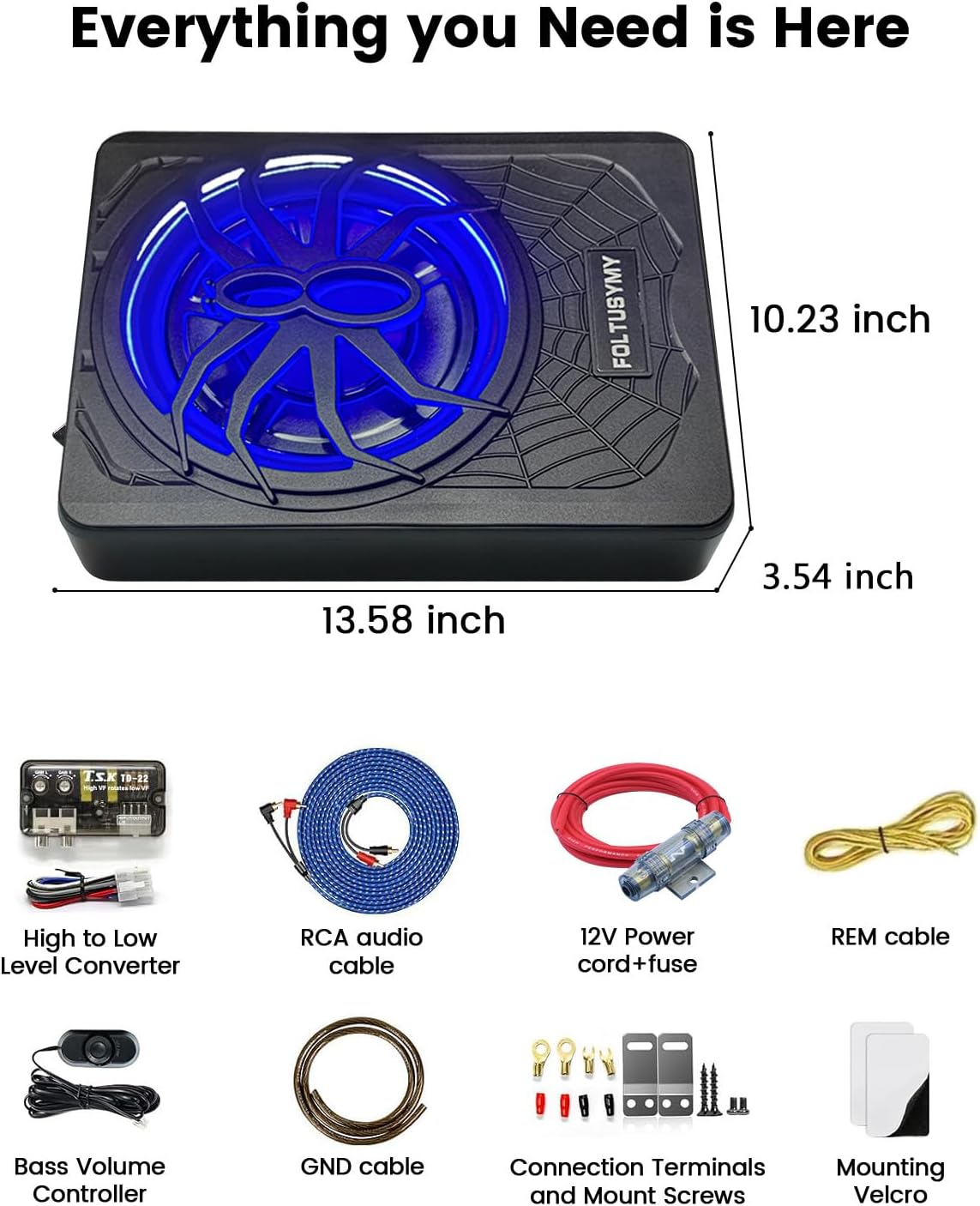 Thumbnail 6 de FOLTUSYMY 1200W 10-Inch Slim Under-Seat Powered Car Subwoofer (High/Low Inputs) with Blue LED