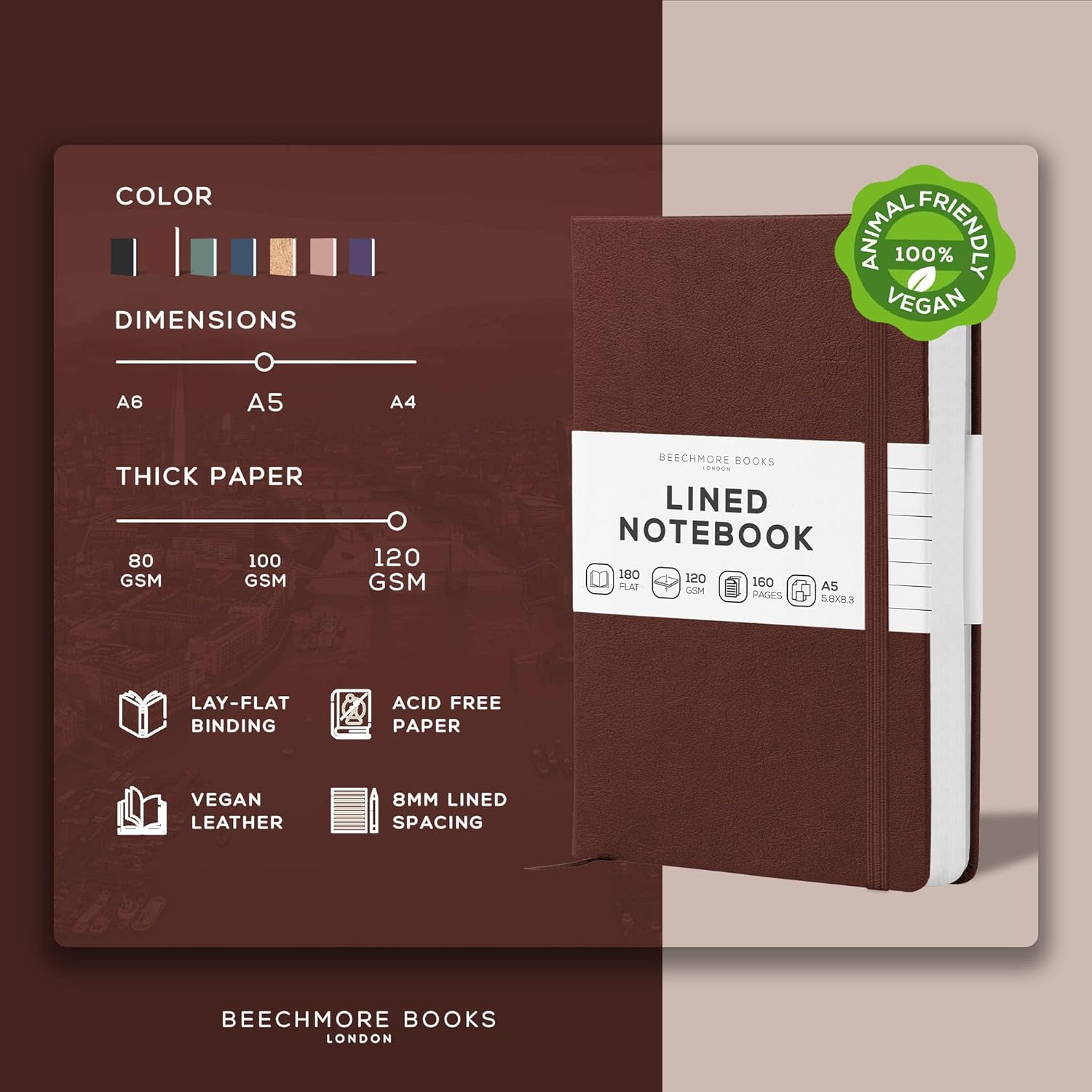 Thumbnail 1 de Beechmore Books Lined Journal Notebook 5.8" x 8.3" (A5) with Vegan Leather Hardcover, 160 Lined Pages, 120gsm, Gift Box Included