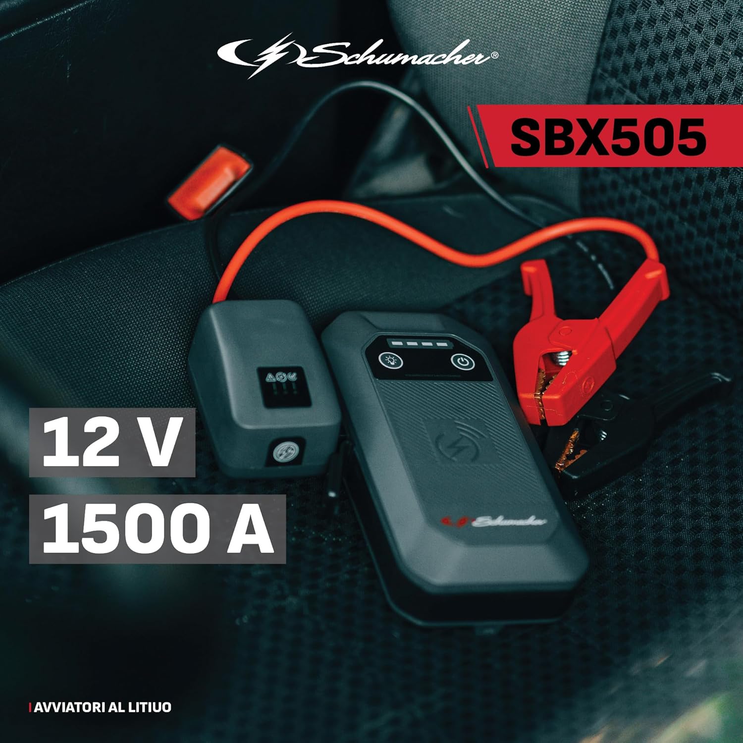 Detalle de Schumacher Compact SBX505: Avviatore Auto 1500A 12V con Booster Li‑Ion e Morsetti Sicuri