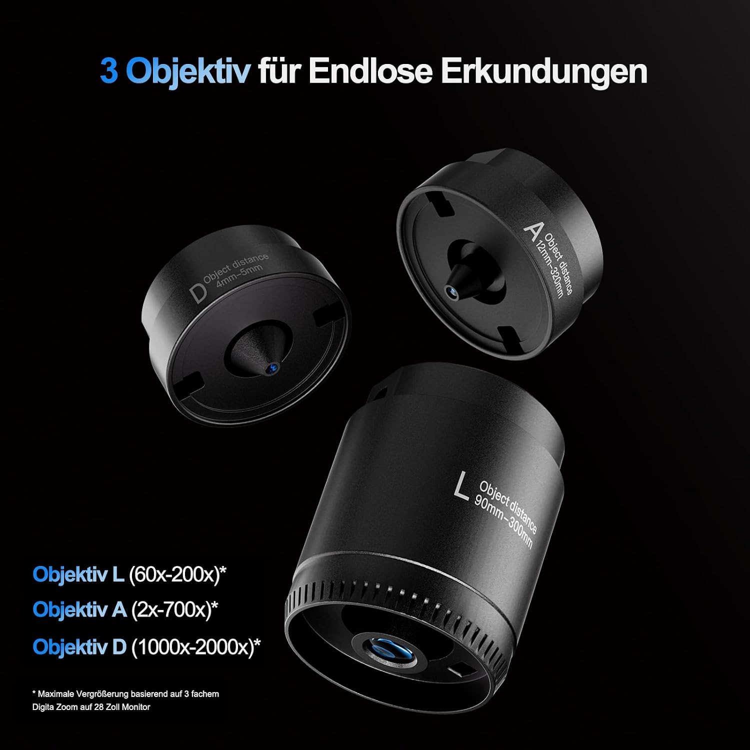 Detalle de TOMLOV DM602 Pro 10,1 Zoll Mikroskop mit 3 Objektiven – 2K HDMI, 144 LED Ringlicht, 64GB Karte, Stativ, USB/TV-Kompatibel