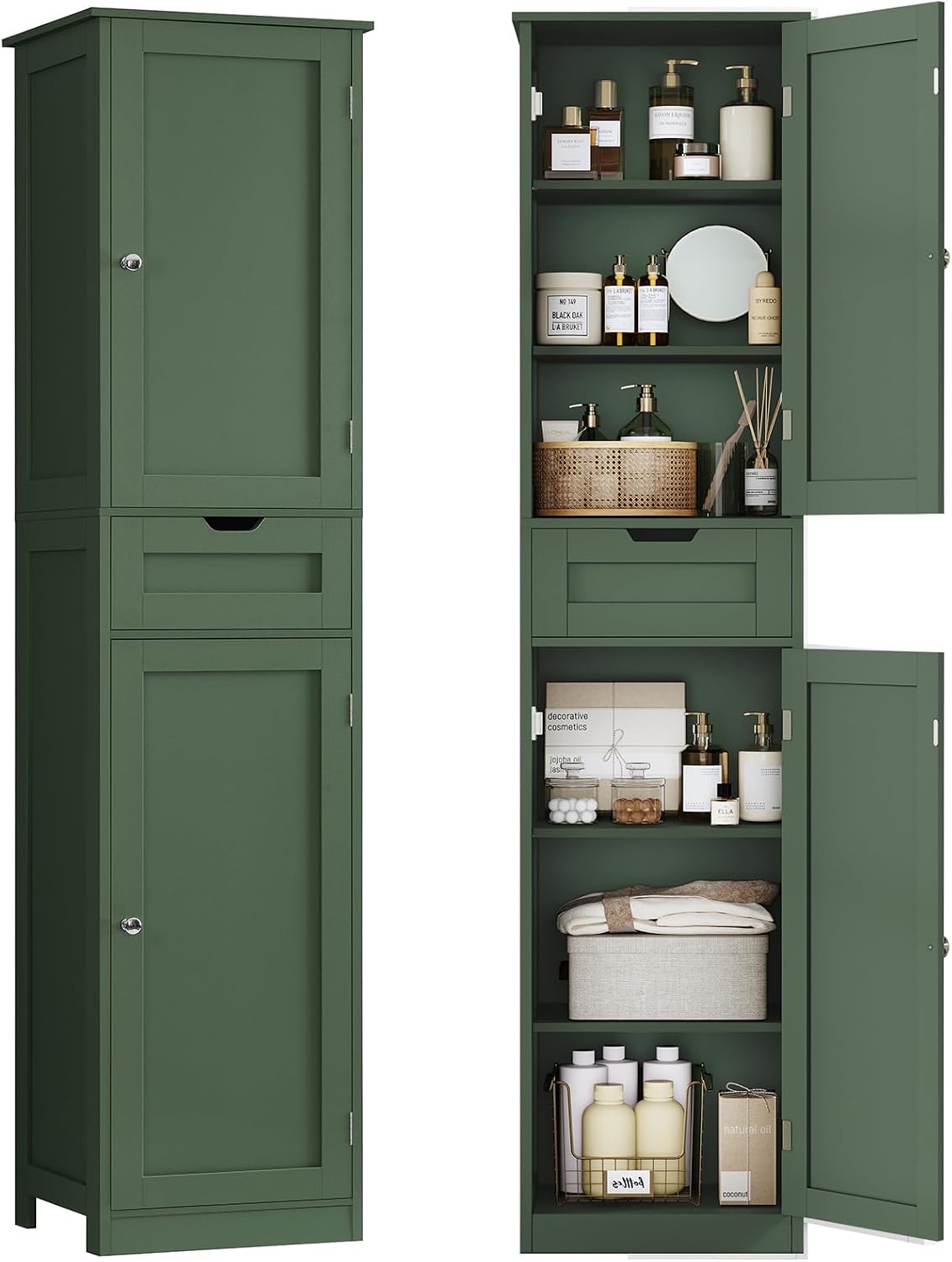 Detalle de FIONESO Tall Bathroom Cabinet, 67-inch Green Floor Cabinet with Drawer and Adjustable Shelves