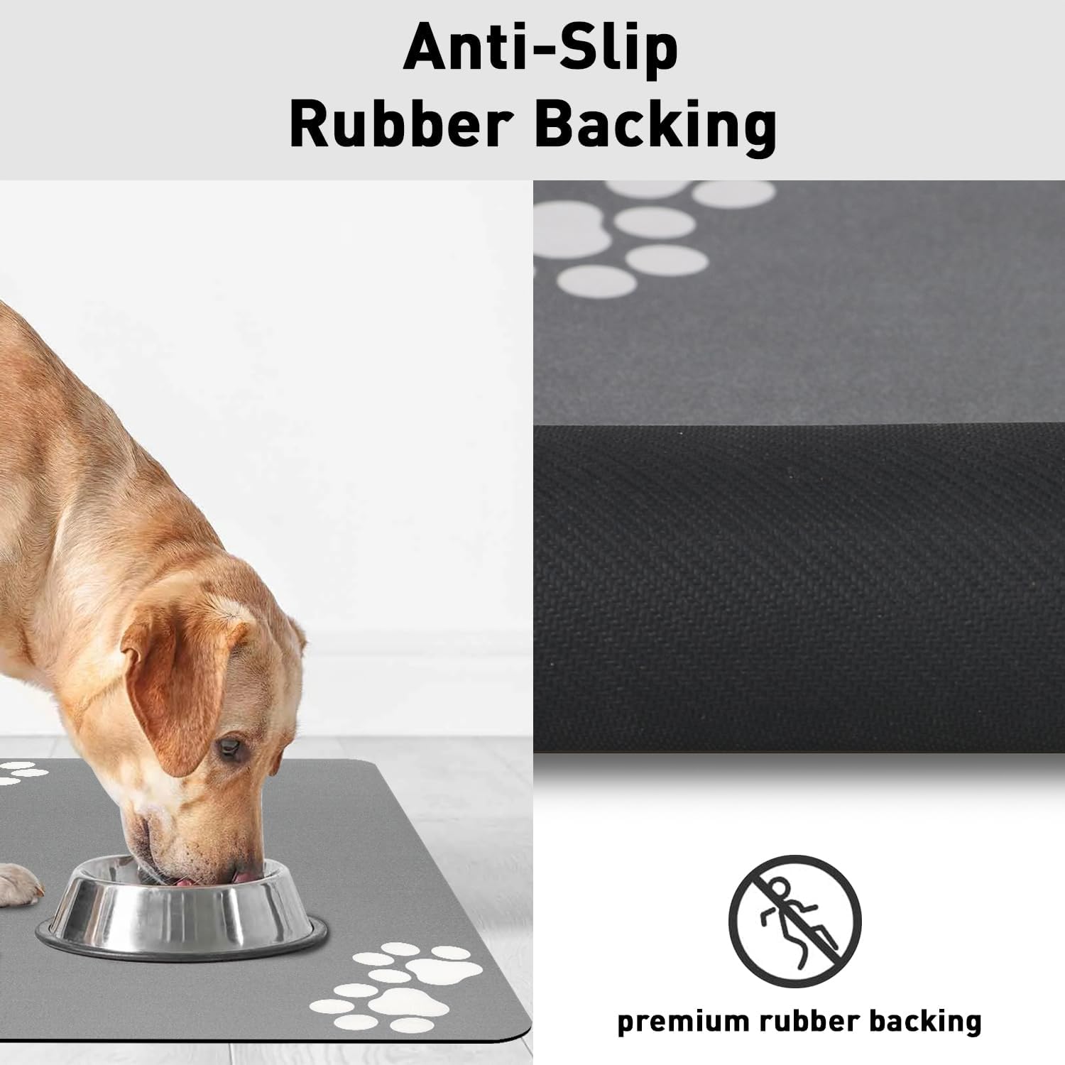 Detalle 2 de Lurowo Pet Feeding Mat Super Absorbent Dog & Cat Bowl Mat (Light Grey, 43 x 75cm) – Two Pairs of Paws Pattern