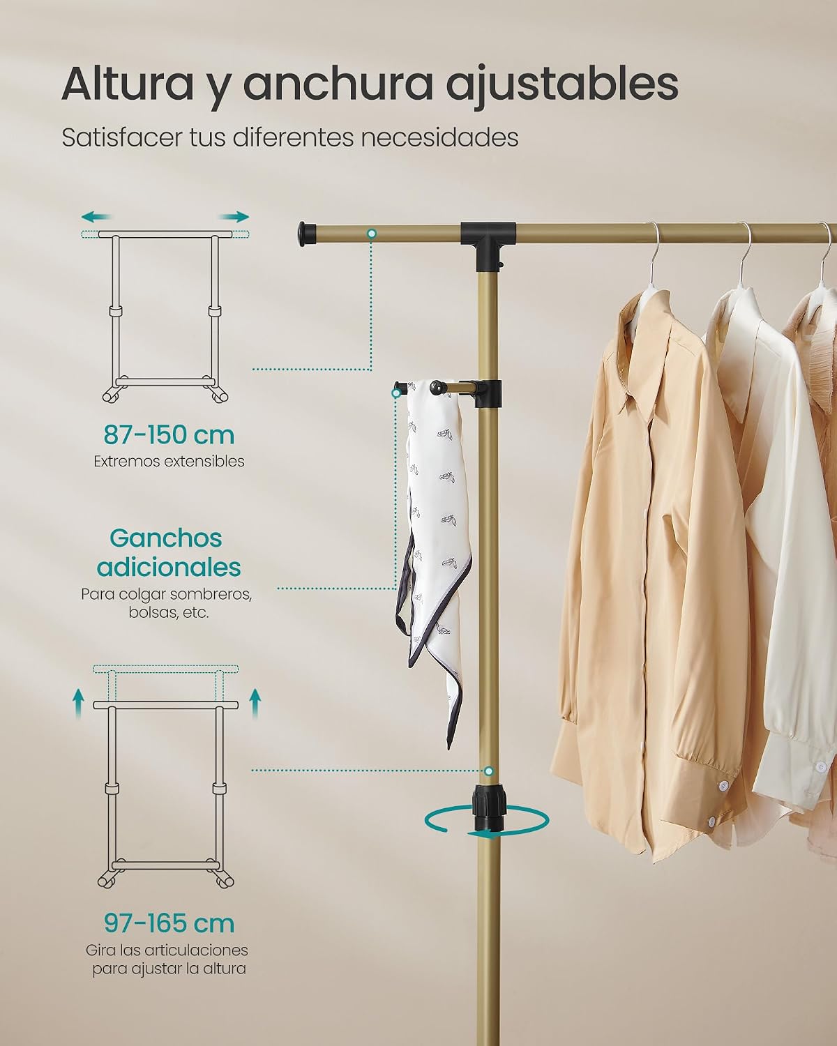 Detalle de SONGMICS Perchero con Ruedas altura 97-165 cm