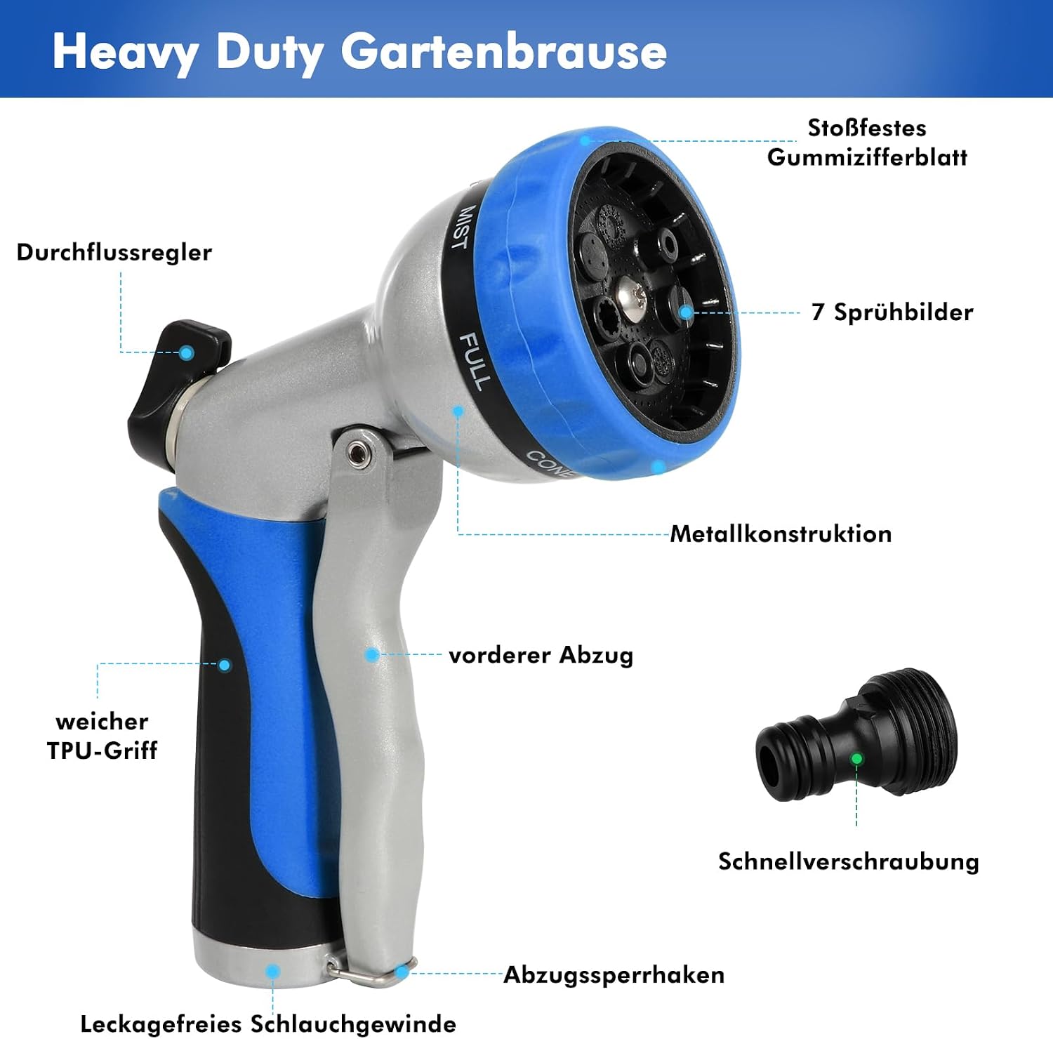 Thumbnail 1 de RESTMO Gartenbrause aus Metall mit 7 Sprühmuster und einstellbarem Wasserdurchfluss (Hochdruck-Handbrause, blau)