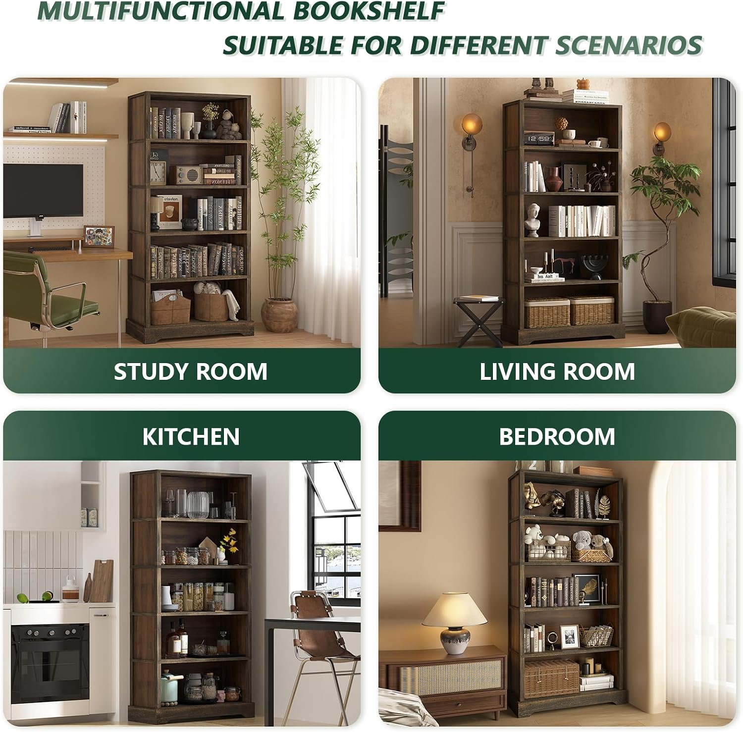 Thumbnail 6 de TVU 5-Tier Solid Wood Book Shelf (Walnut) — Floor-Standing 65" Farmhouse Bookcase