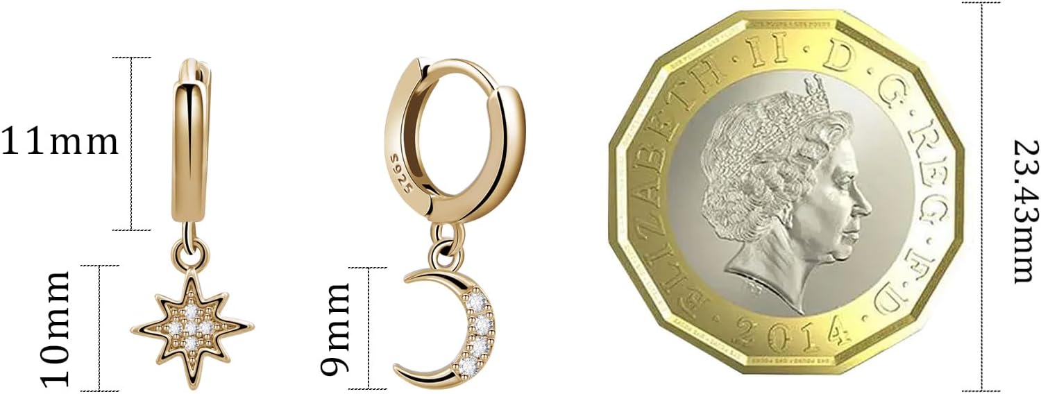 Thumbnail 3 de 14K Gold Plated Moon and Star Earrings – 925 Sterling Silver Hoop Earrings for Women