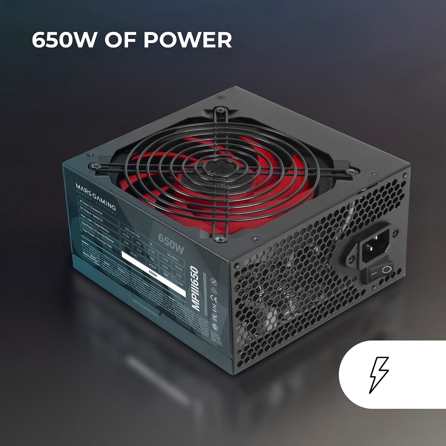 Detalle 2 de Mars Gaming MPIII650 alimentatore PC ATX 650W con garanzia 5 anni, APFC digitale e ventola FDB 120mm