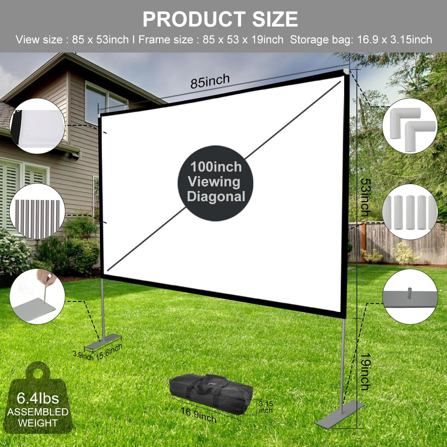 Detalle 2 de Outdoor Projector Screen with Stand 100 Inch (16:10) — Portable 4K HD Movie Screen with Carry Bag