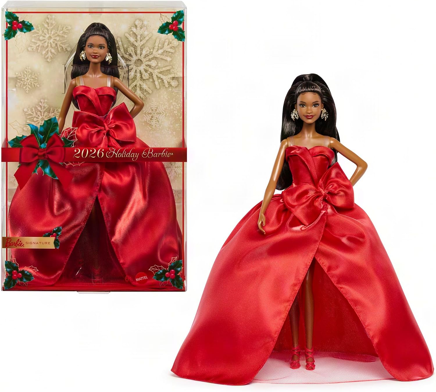 Detalle de Barbie Signature JJX71 – świąteczna lalka 2026 w czerwonej sukni z kokardą